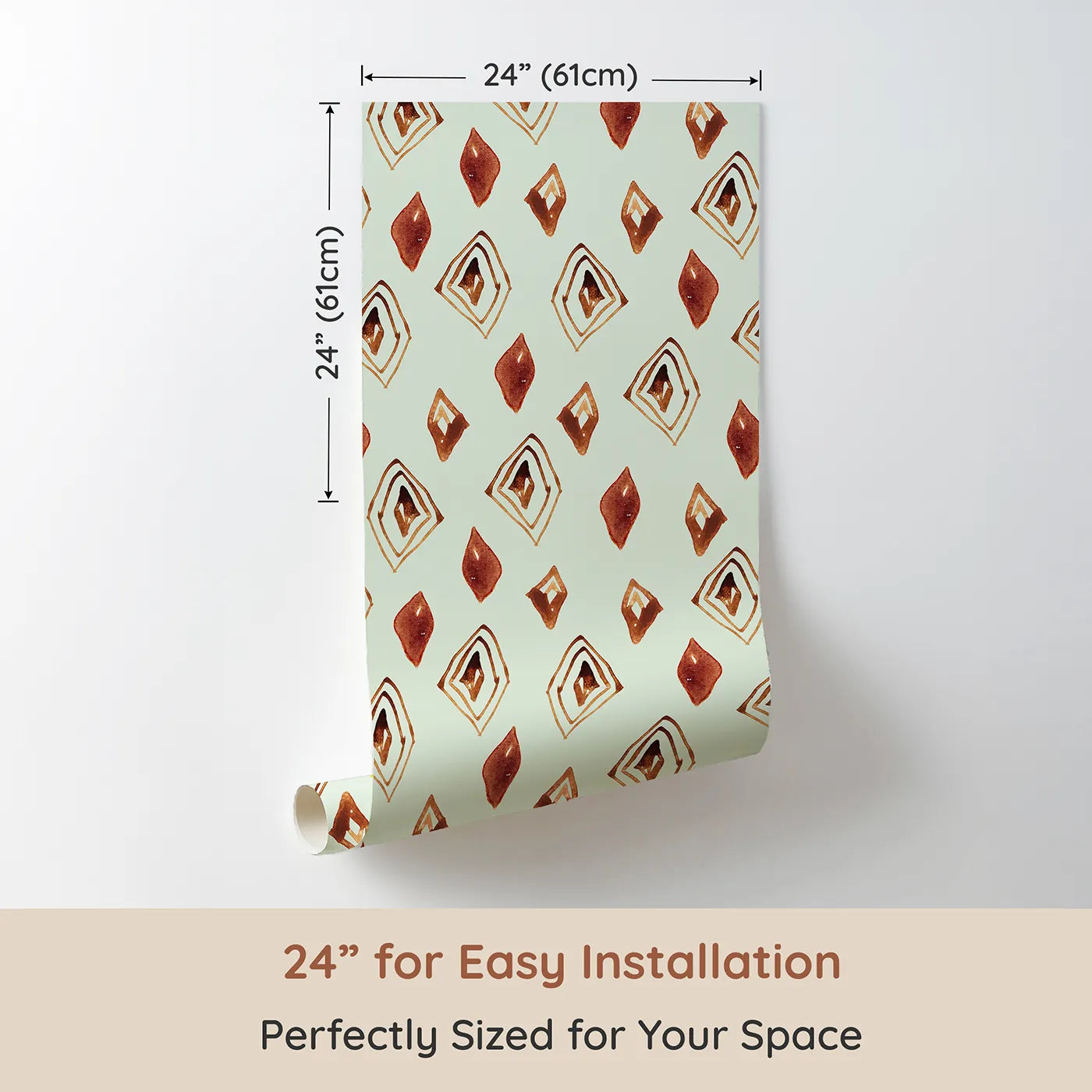 Dimension view of Whimsy Tots Terracotta Diamond Dance Wallpaper in Mint Green (W3381D). Printed in 24-inch-wide panel for easy installation. Rust-red diamonds and earthy lines dance on a breezy mint sky.