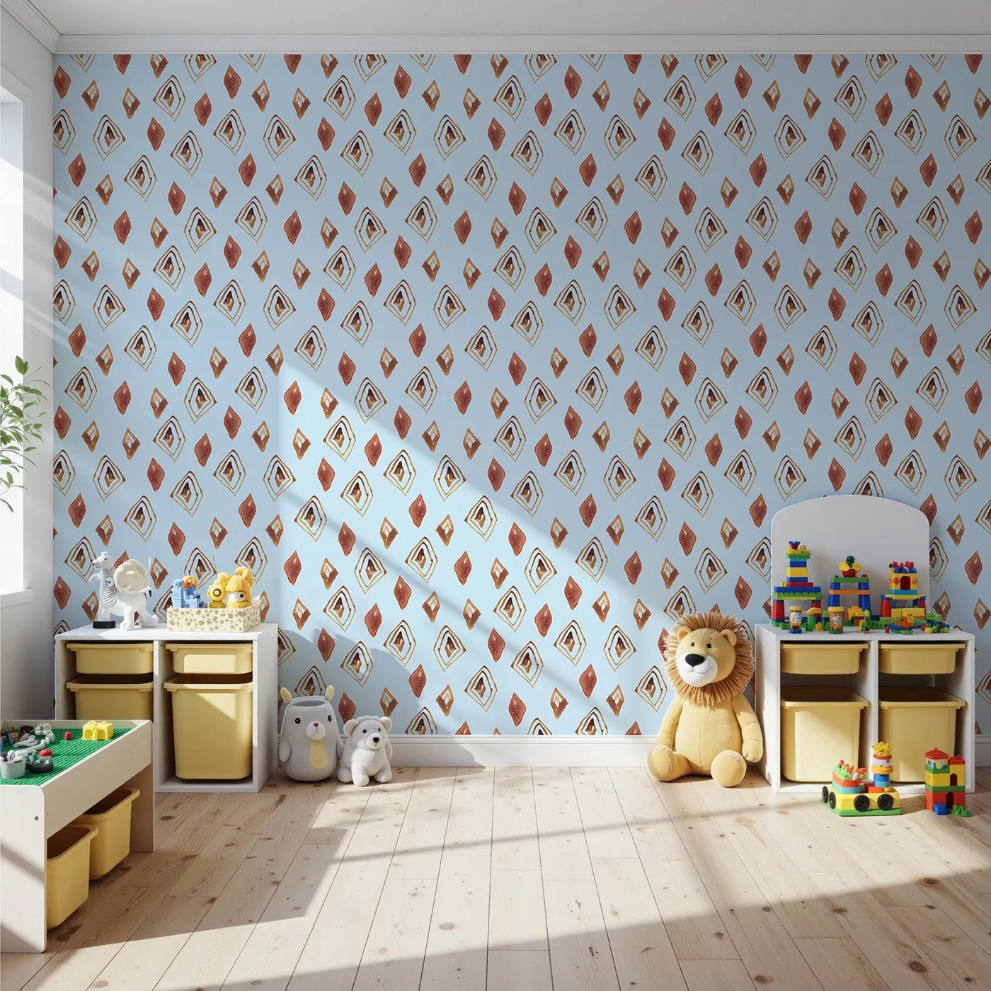Front view of Whimsy Tots' Terracotta Diamond Dance Wallpaper in Sky