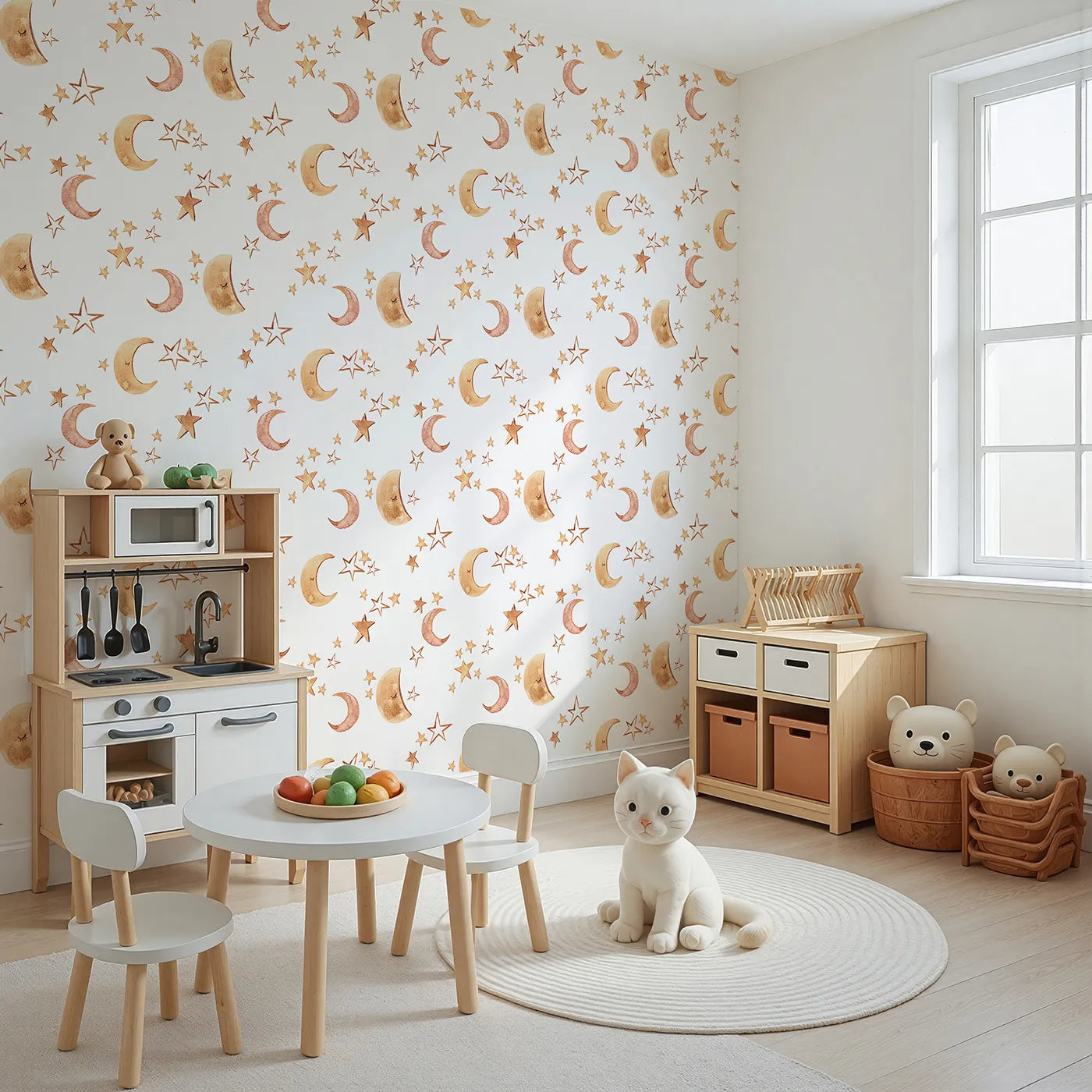 Angled view of Whimsy Tots' Sleepy Skies Shine Wallpaper in White (W3383A).Watercolor stars and sleepy moons dance across a white sky.