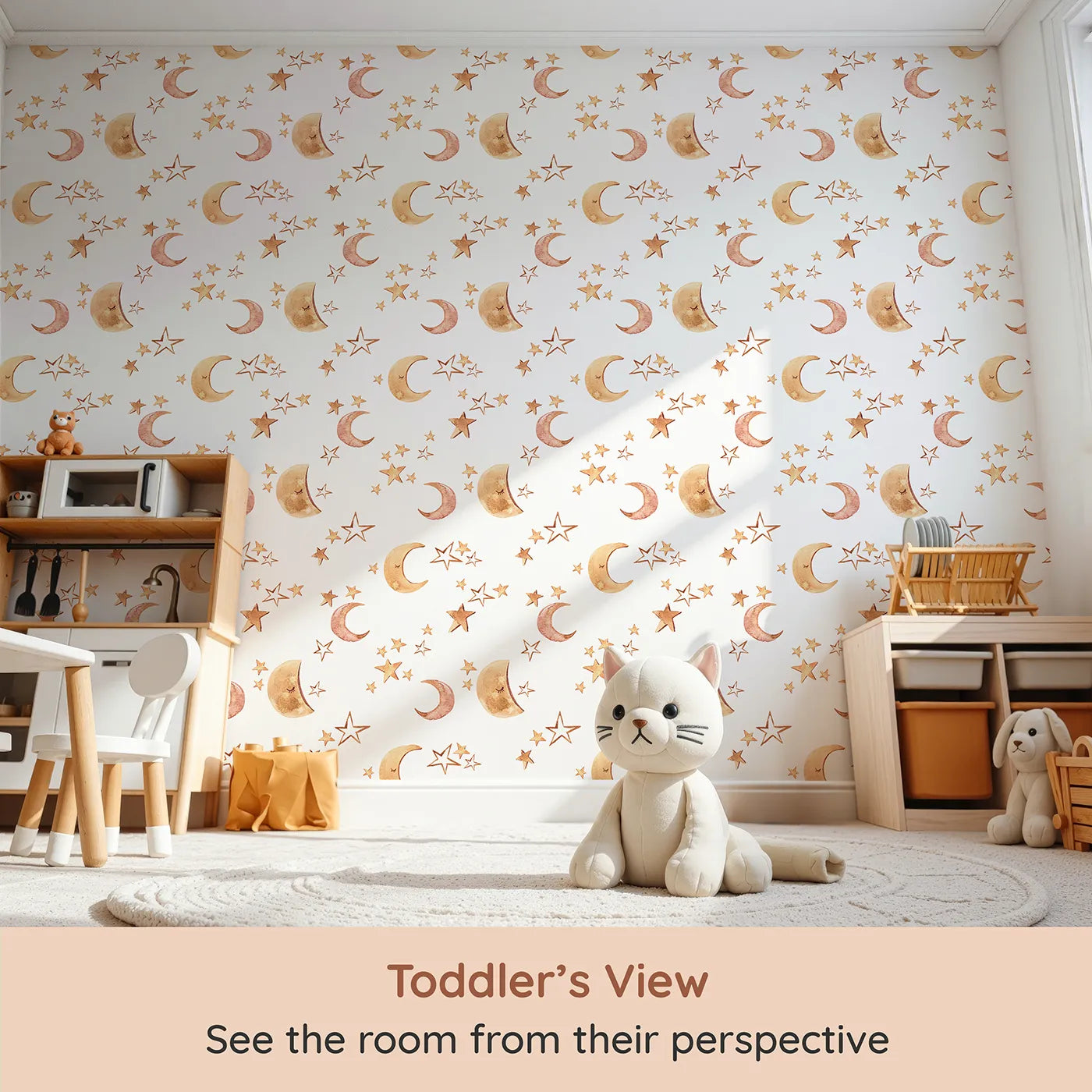Whimsy Tots Sleepy Skies Shine Wallpaper in White (W3383A) from your child's view.Watercolor stars and sleepy moons dance across a white sky.