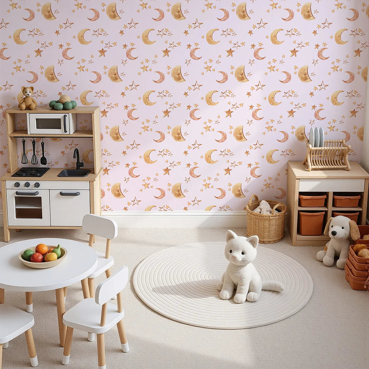 Top-Down view of Whimsy Tots' Sleepy Skies Shine Wallpaper in Blush Pink (W3383B).Watercolor stars and sleepy moons dance across a soft blush sky.