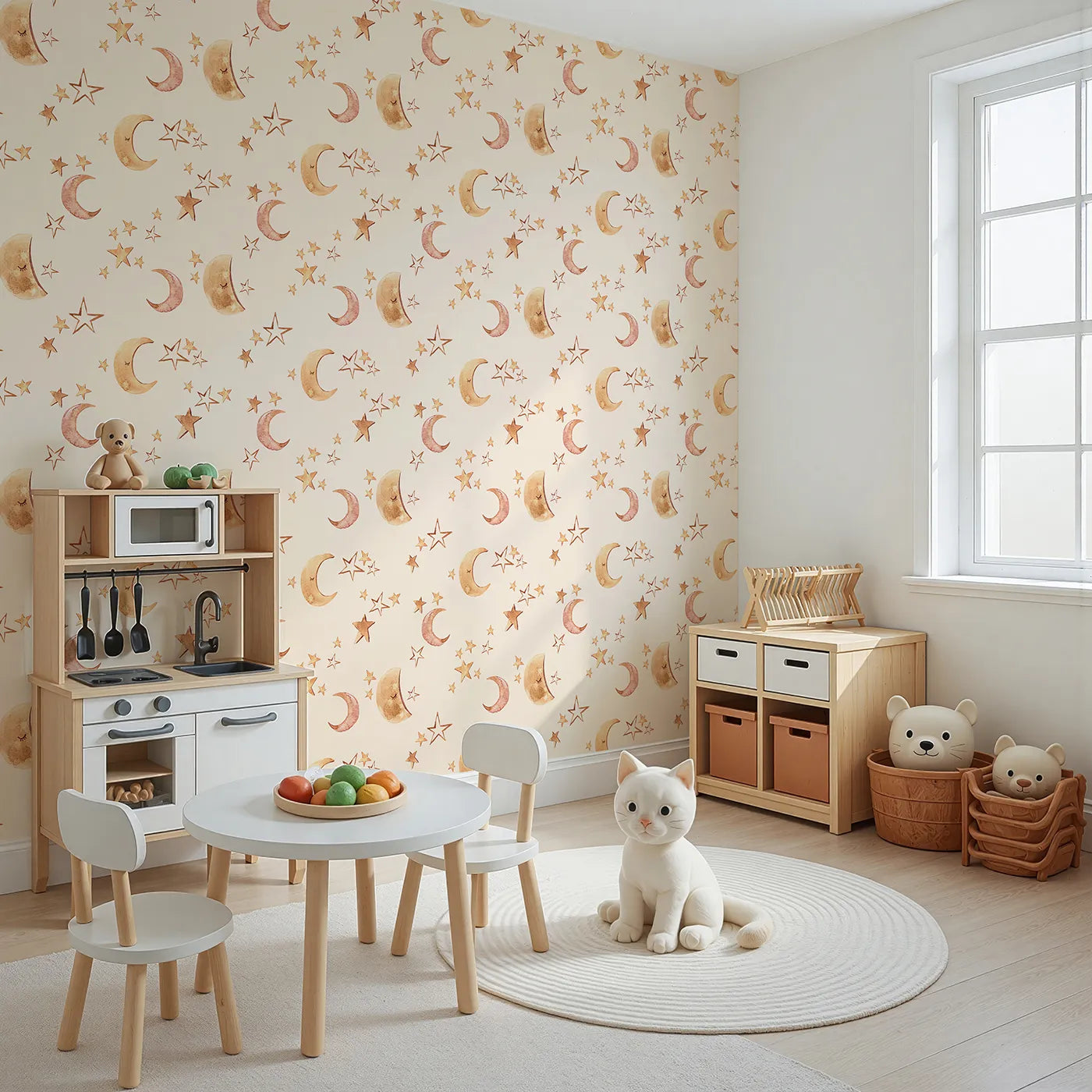Angled view of Whimsy Tots' Sleepy Skies Shine Wallpaper in Cream (W3383C).Watercolor stars and sleepy moons dance across a soft cream sky.