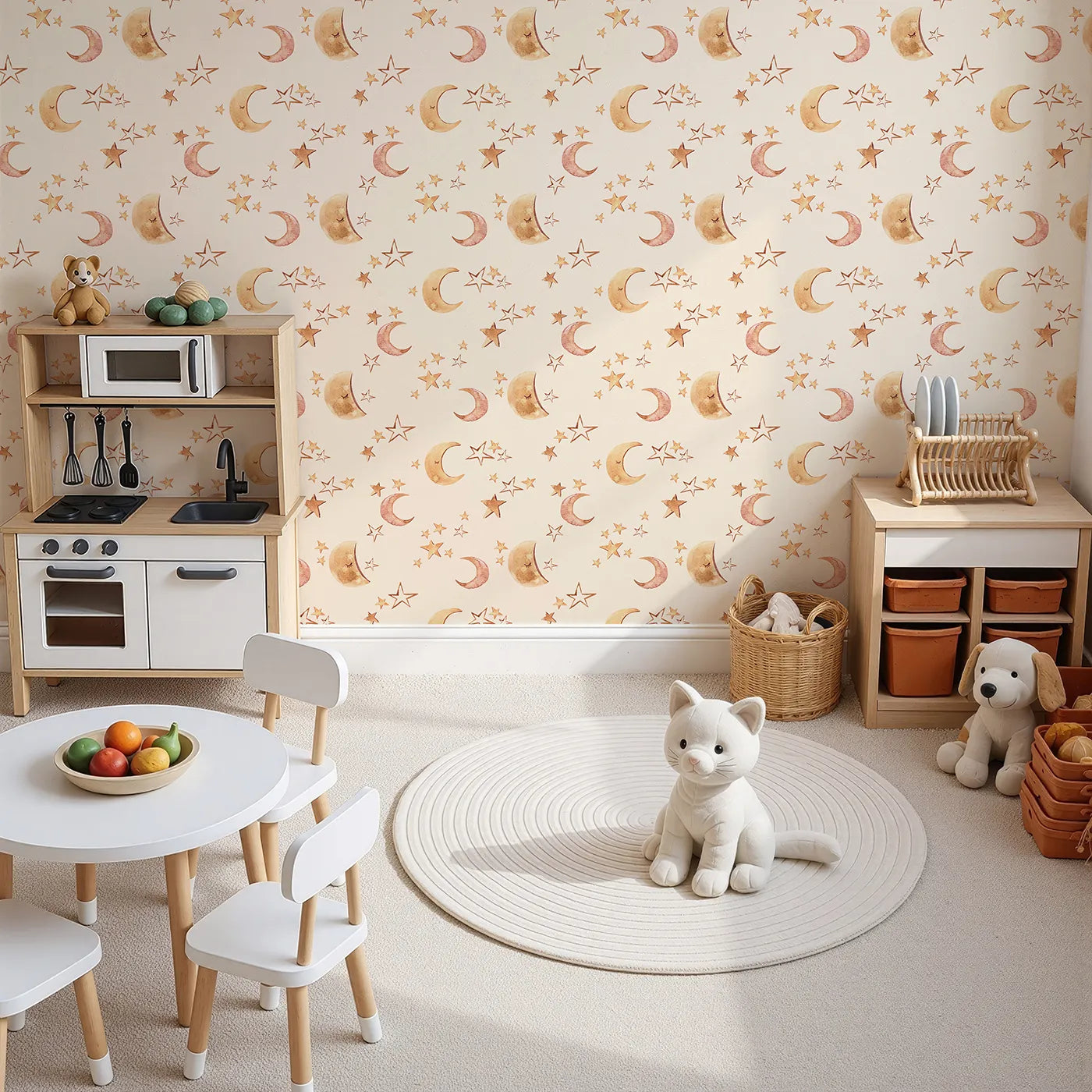 Top-Down view of Whimsy Tots' Sleepy Skies Shine Wallpaper in Cream (W3383C).Watercolor stars and sleepy moons dance across a soft cream sky.