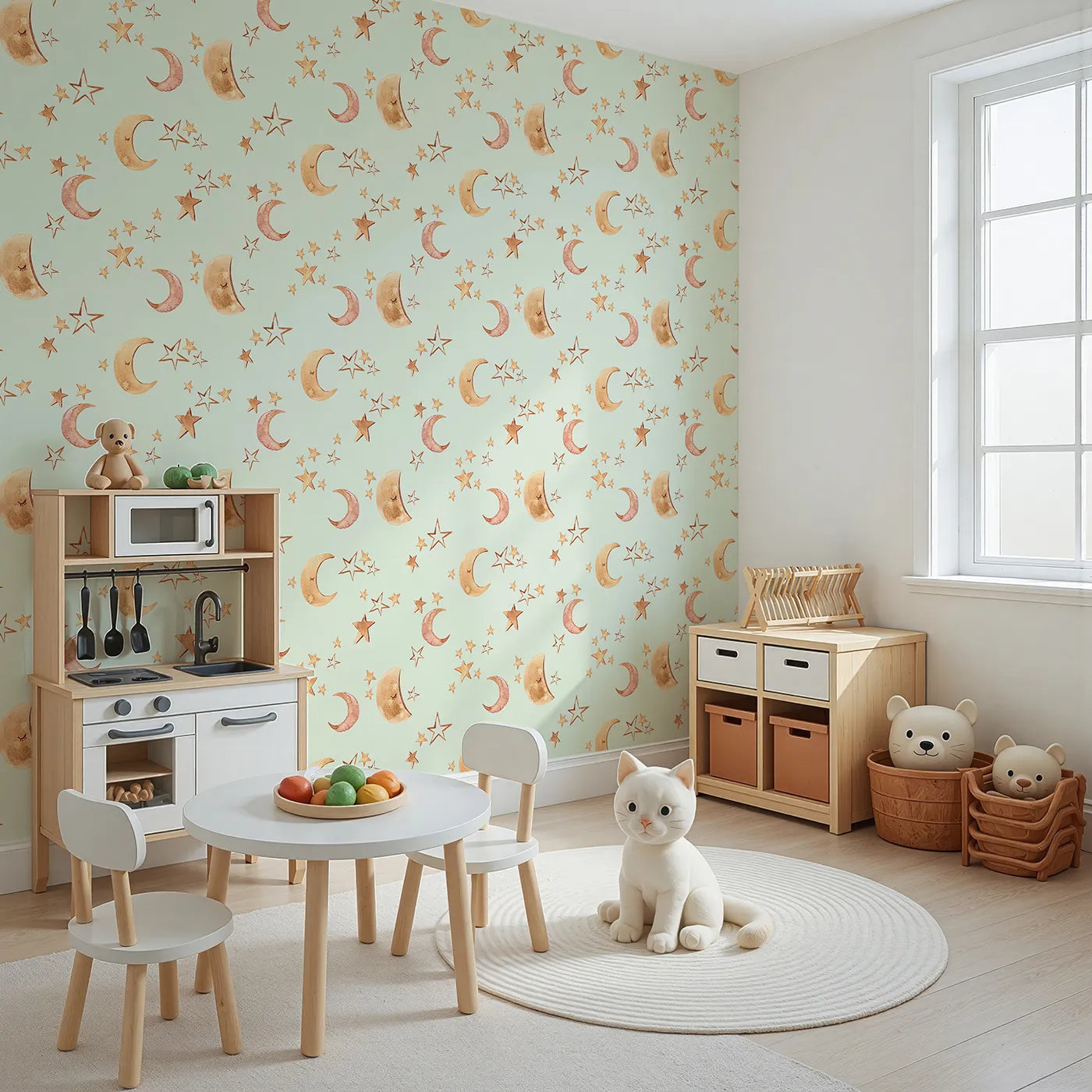 Angled view of Whimsy Tots' Sleepy Skies Shine Wallpaper in Mint Green (W3383D).Watercolor stars and sleepy moons dance across a gentle mint sky.