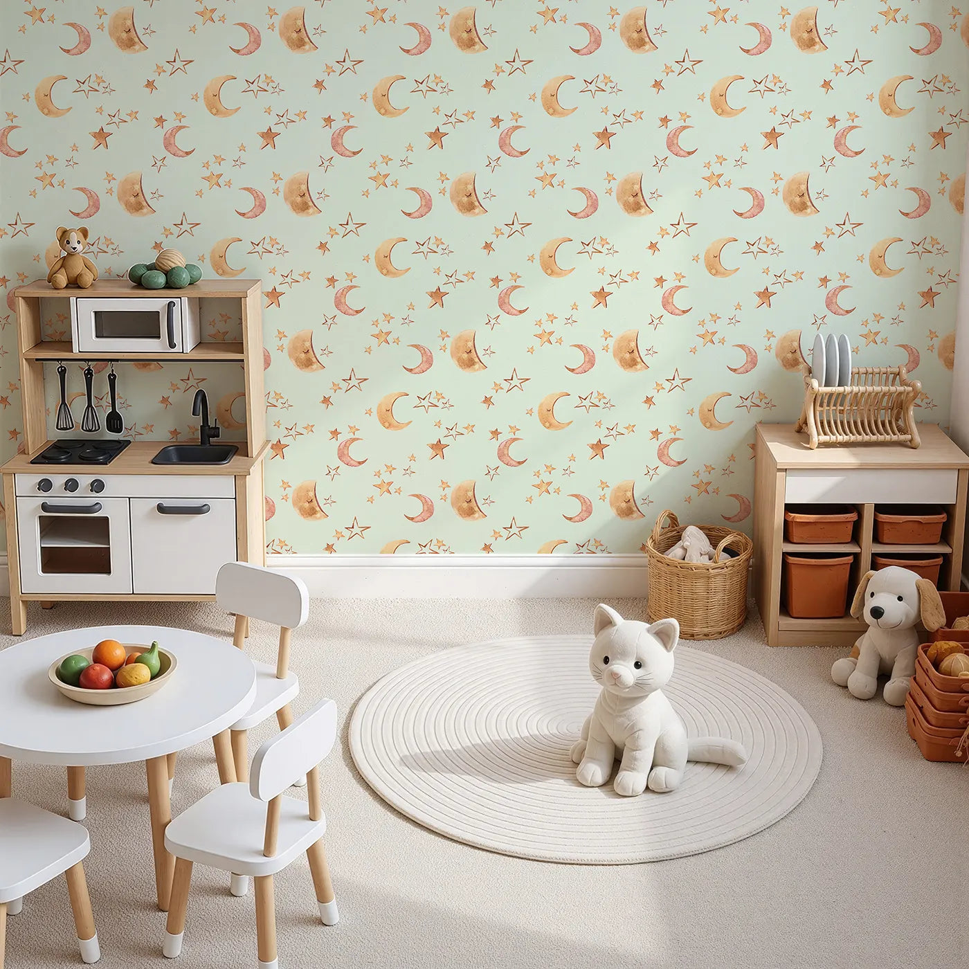 Top-Down view of Whimsy Tots' Sleepy Skies Shine Wallpaper in Mint Green (W3383D).Watercolor stars and sleepy moons dance across a gentle mint sky.