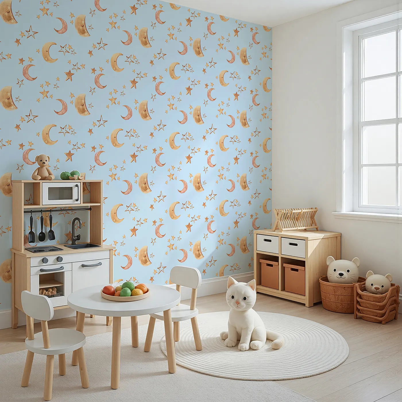 Angled view of Whimsy Tots' Sleepy Skies Shine Wallpaper in Blue (W3383E).Watercolor stars and sleepy moons dance across a baby blue sky.