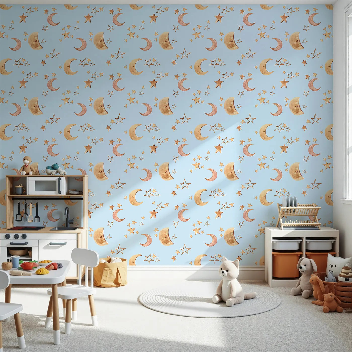 Front view of Whimsy Tots' Sleepy Skies Shine Wallpaper in Blue