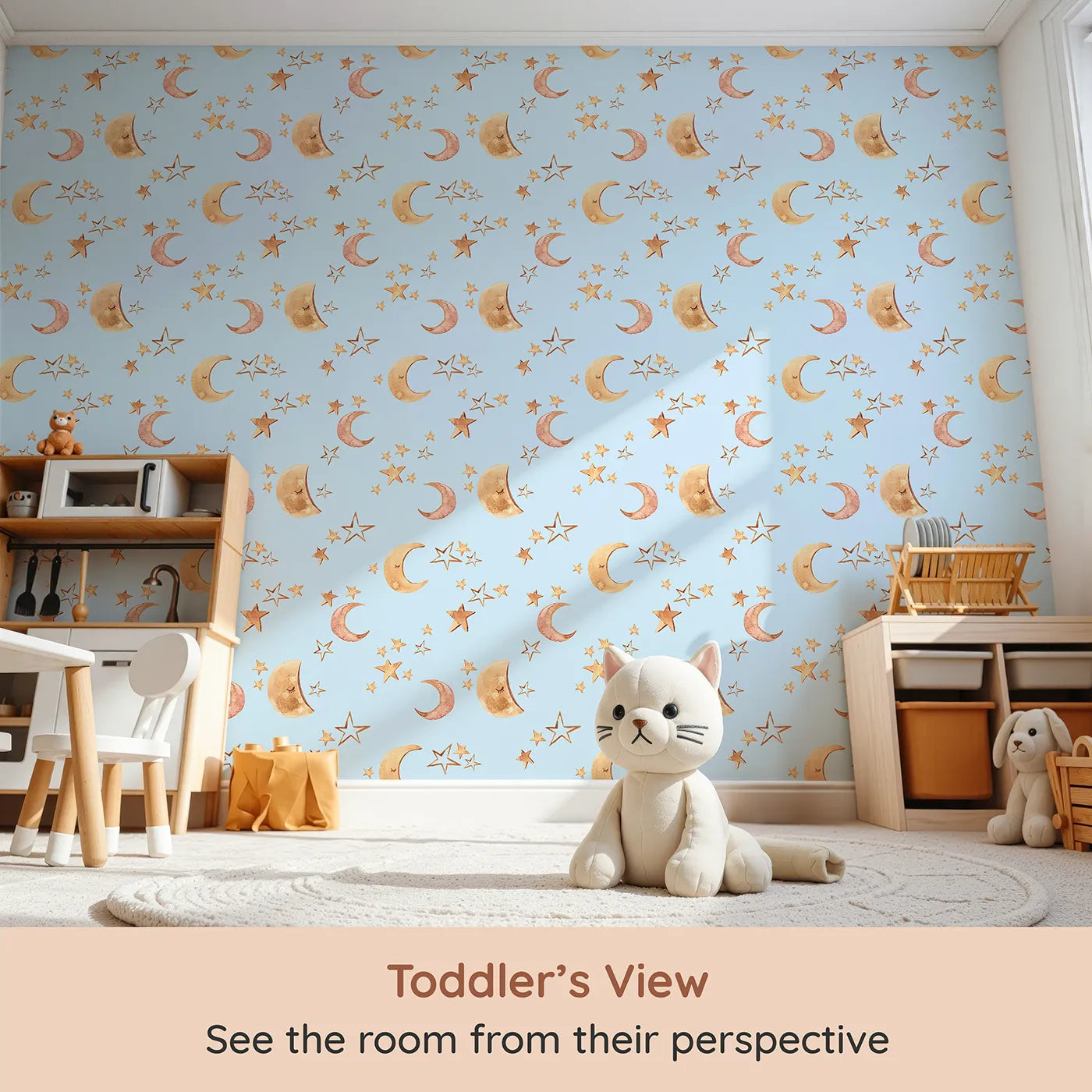 Whimsy Tots Sleepy Skies Shine Wallpaper in Blue (W3383E) from your child's view.Watercolor stars and sleepy moons dance across a baby blue sky.