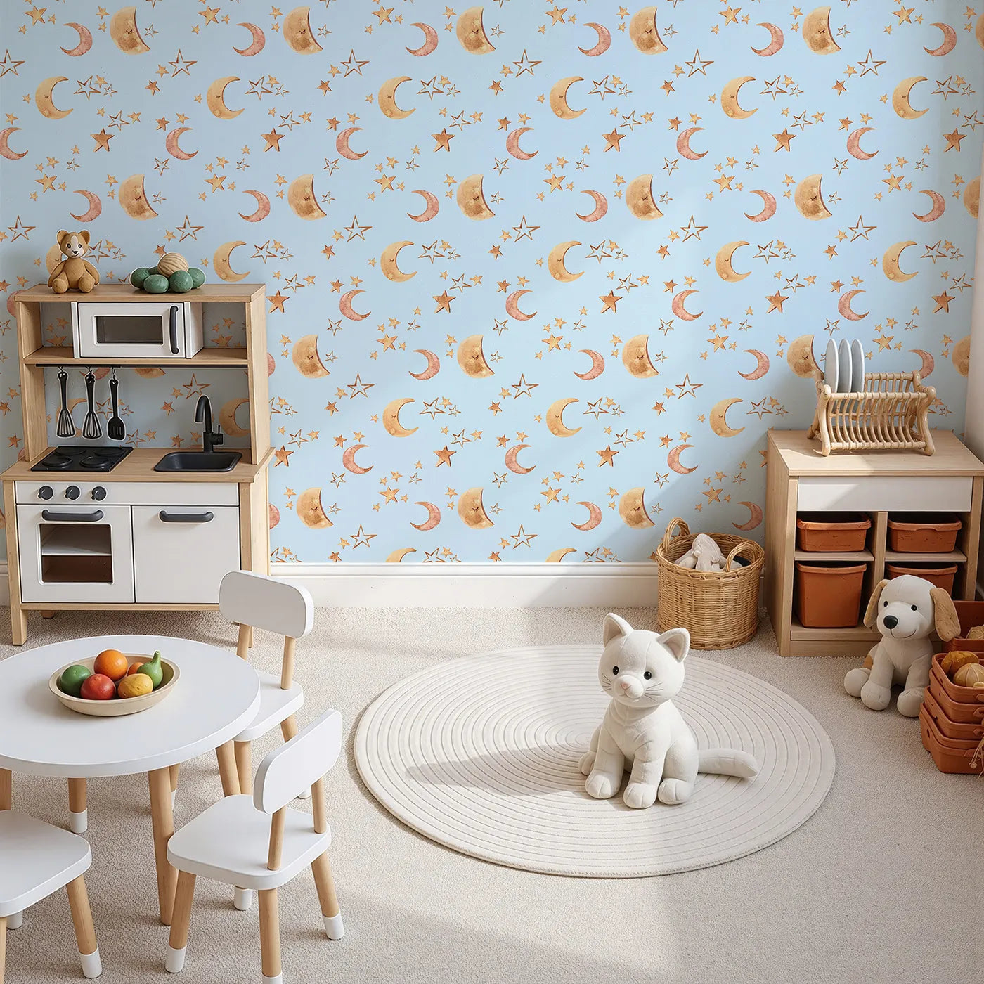 Top-Down view of Whimsy Tots' Sleepy Skies Shine Wallpaper in Blue (W3383E).Watercolor stars and sleepy moons dance across a baby blue sky.