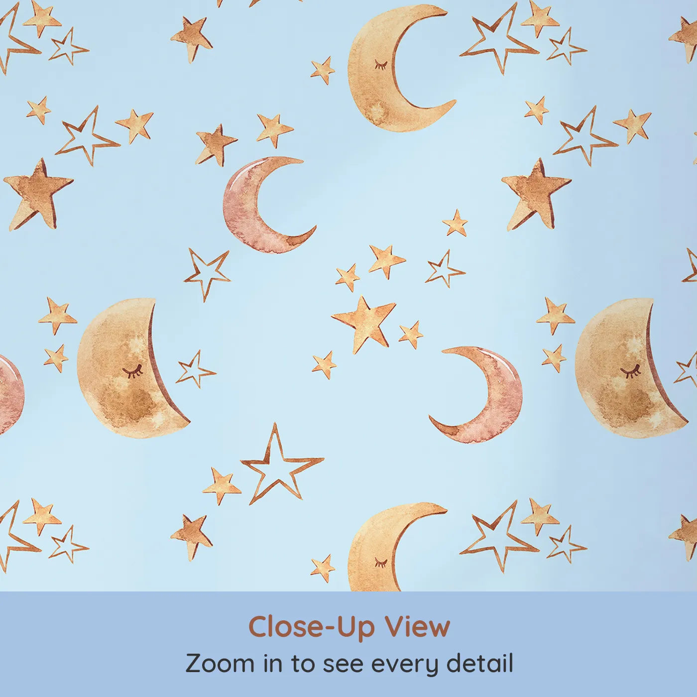 Close-up view of Whimsy Tots' Sleepy Skies Shine Wallpaper in Blue (W3383E).Watercolor stars and sleepy moons dance across a baby blue sky.