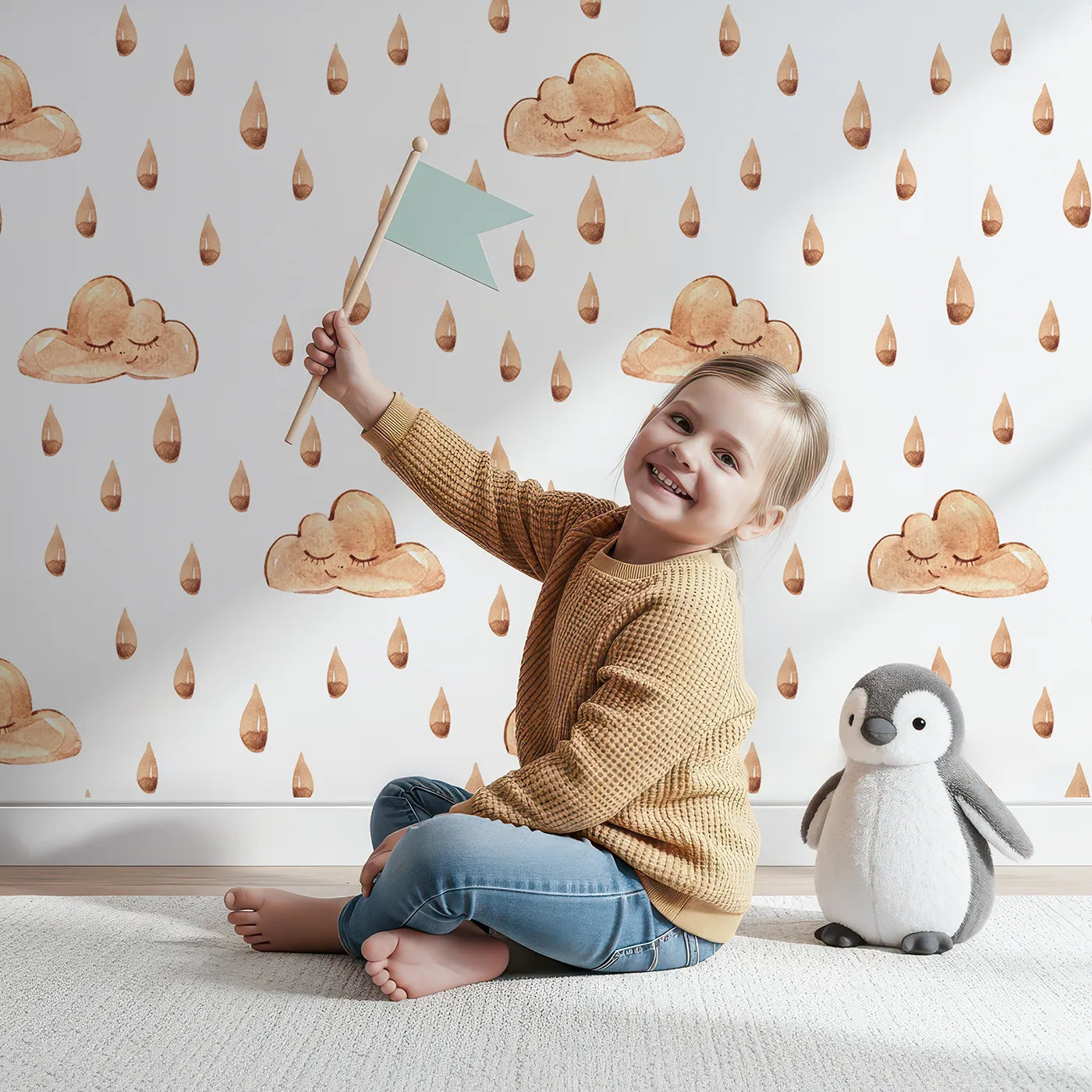Lovely child standing in front of Whimsy Tots Rainy Day Nap Wallpaper in White with cloud, raindrop, sleepy face in design.
