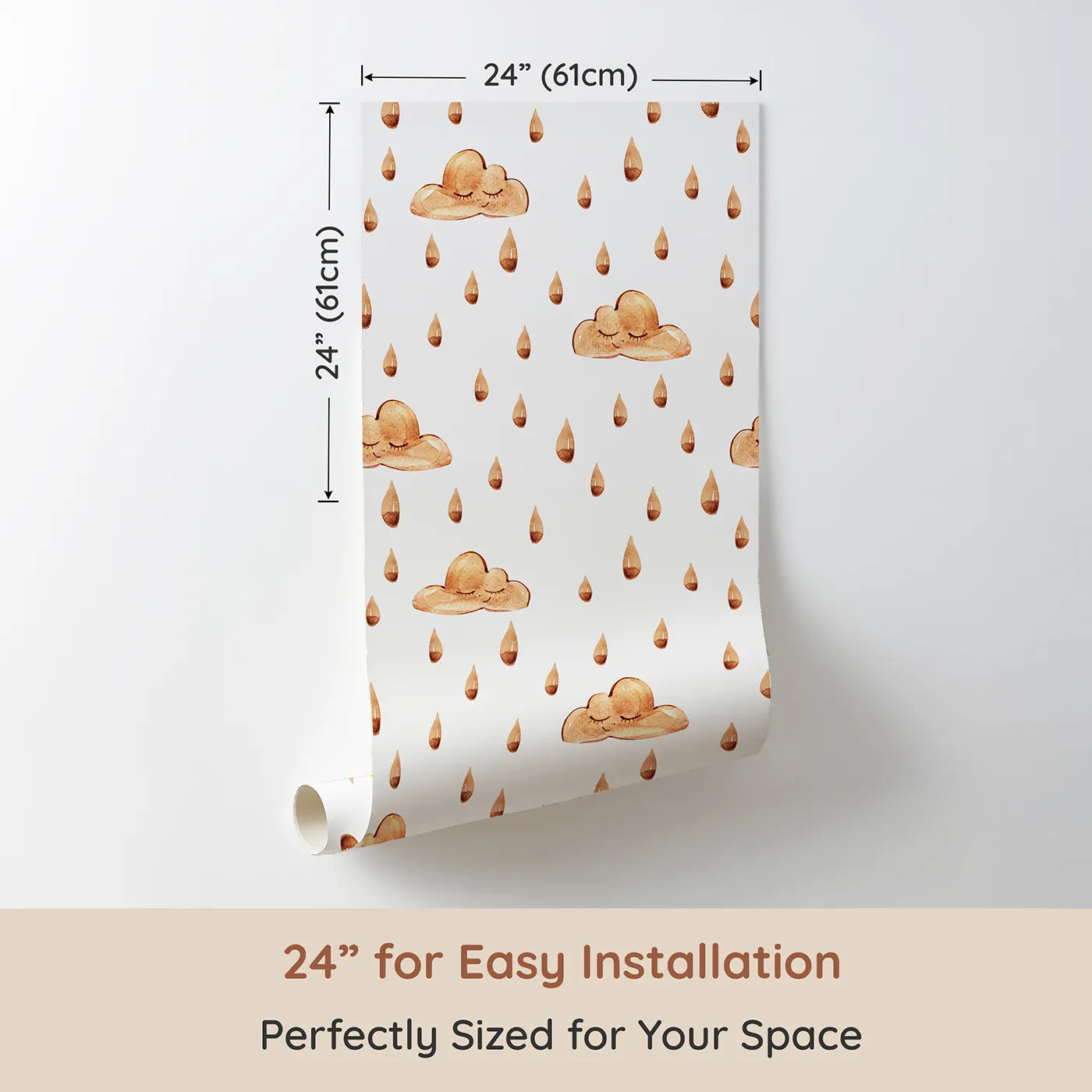 Dimension view of Whimsy Tots Rainy Day Nap Wallpaper in White (W3384A). Printed in 24-inch-wide panel for easy installation. Watercolor clouds and sleepy raindrops drift softly on a white sky.