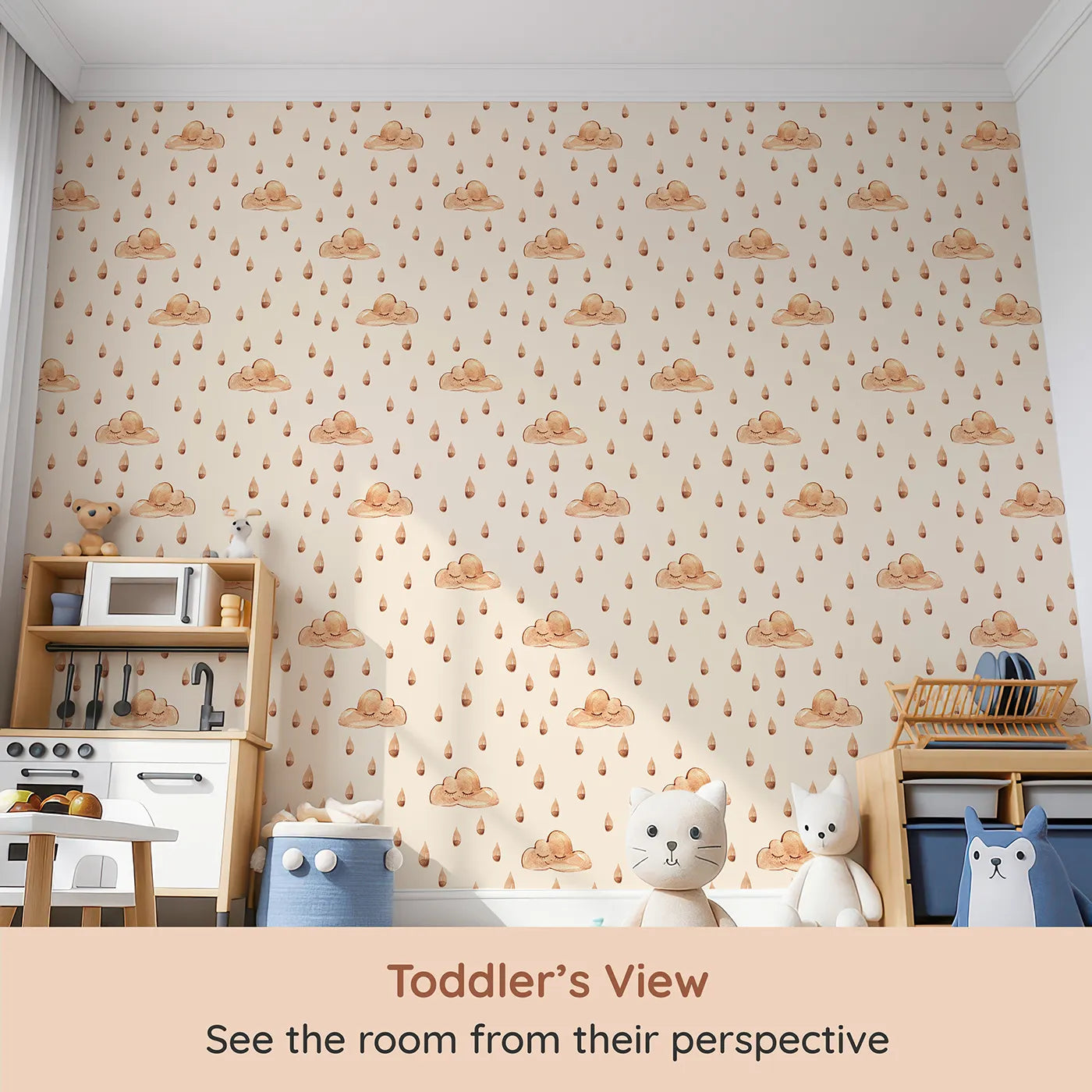 Whimsy Tots Rainy Day Nap Wallpaper in Cream (W3384C) from your child's view.Watercolor clouds and sleepy raindrops drift softly on a warm cream sky.