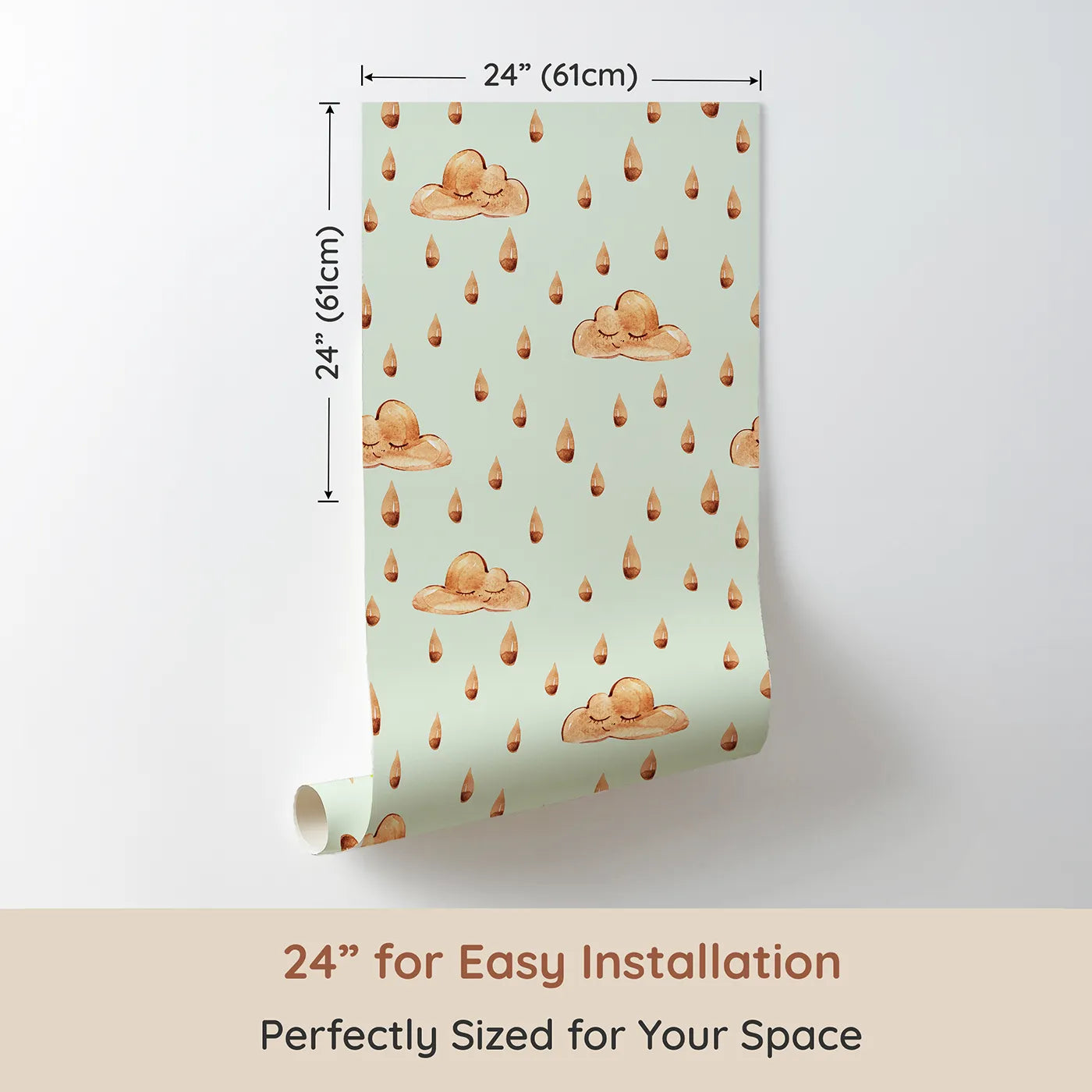 Dimension view of Whimsy Tots Rainy Day Nap Wallpaper in Mint Green (W3384D). Printed in 24-inch-wide panel for easy installation. Watercolor clouds and sleepy raindrops drift softly on a pale mint sky.