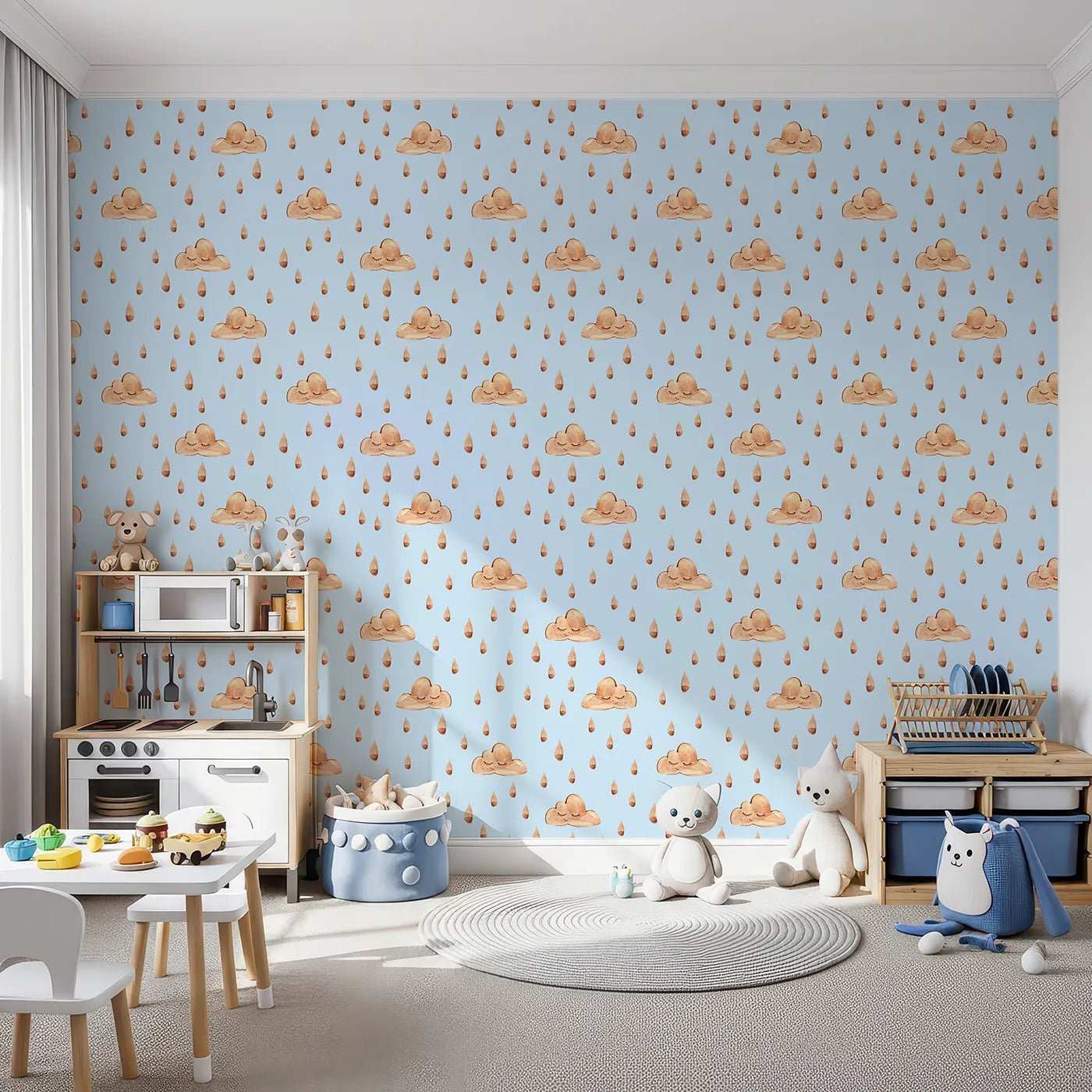Front view of Whimsy Tots' Rainy Day Nap Wallpaper in Blue