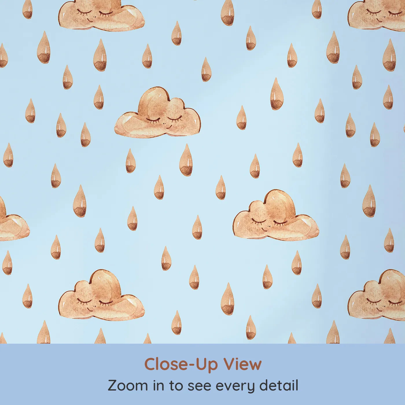 Close-up view of Whimsy Tots' Rainy Day Nap Wallpaper in Blue (W3384E).Watercolor clouds and sleepy raindrops drift softly on a soft blue sky.