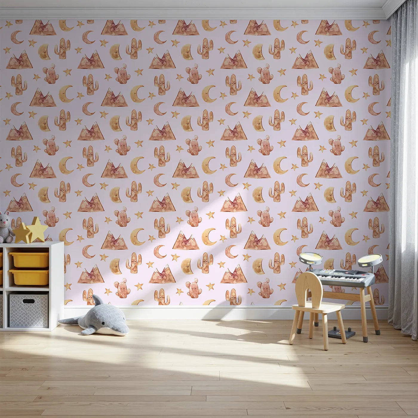 Front view of Whimsy Tots' Desert Moon Dreams Wallpaper in Blush Pink