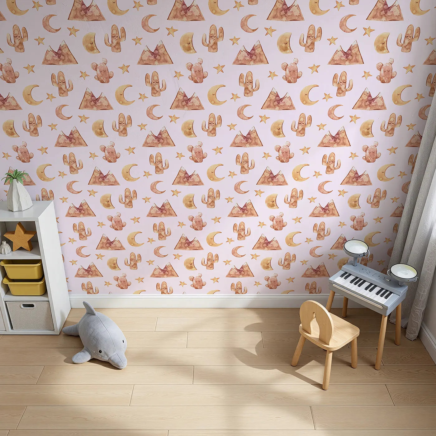 Top-Down view of Whimsy Tots' Desert Moon Dreams Wallpaper in Blush Pink (W3385B).Mountains, moons, and sleepy cacti drift gently across a blush-toned sky.
