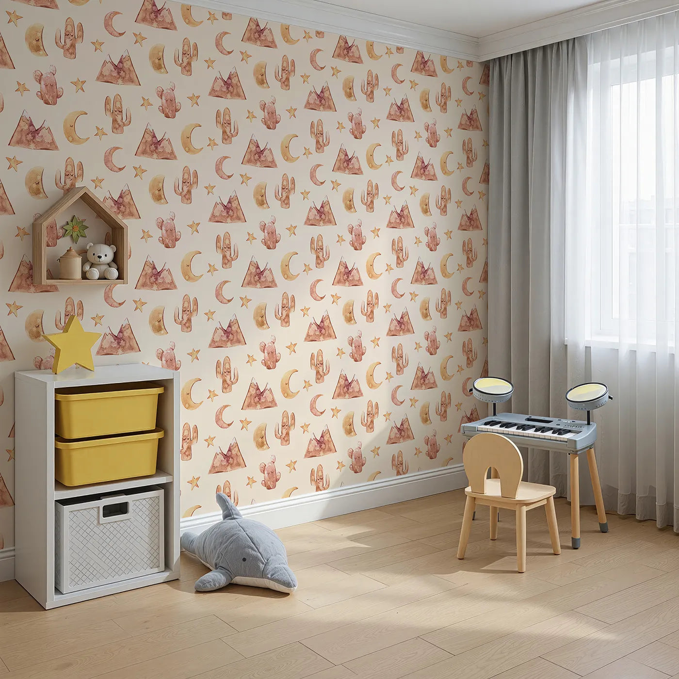 Angled view of Whimsy Tots' Desert Moon Dreams Wallpaper in Cream (W3385C).Mountains, moons, and sleepy cacti drift gently across a warm cream sky.