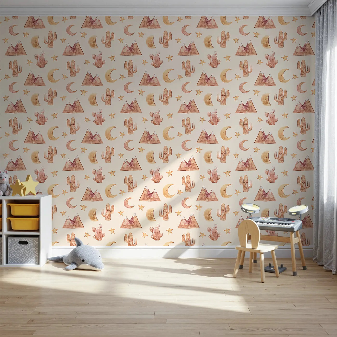 Front view of Whimsy Tots' Desert Moon Dreams Wallpaper in Cream