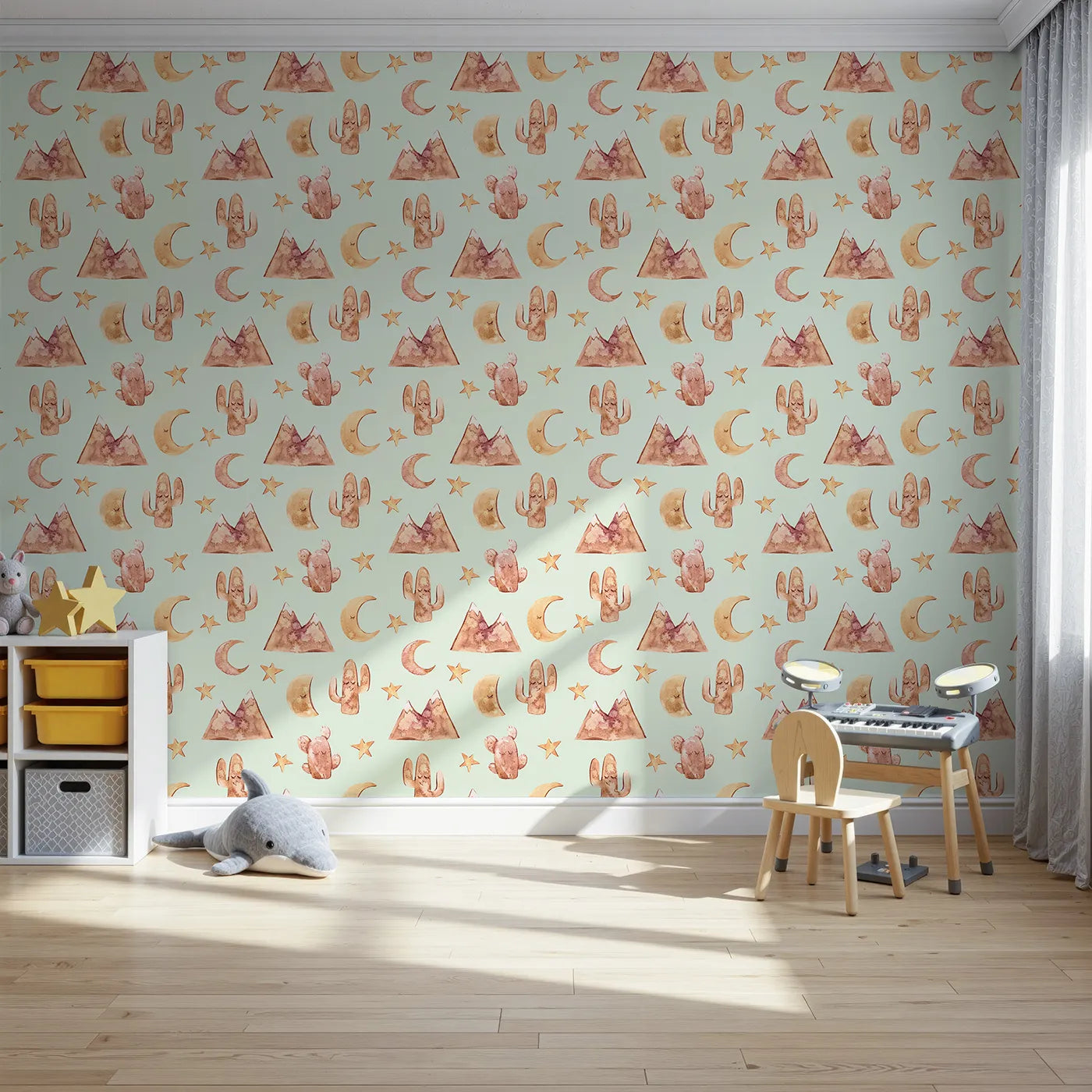 Front view of Whimsy Tots' Desert Moon Dreams Wallpaper in Mint Green