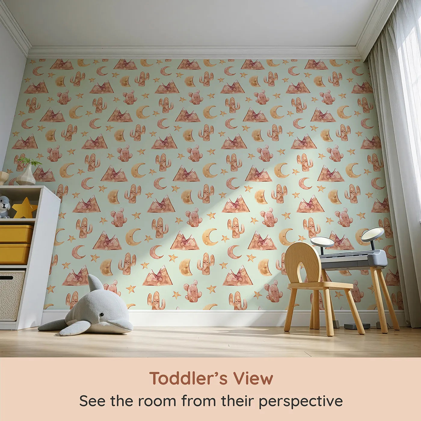 Whimsy Tots Desert Moon Dreams Wallpaper in Mint Green (W3385D) from your child's view.Mountains, moons, and sleepy cacti drift gently across a mint-green sky.