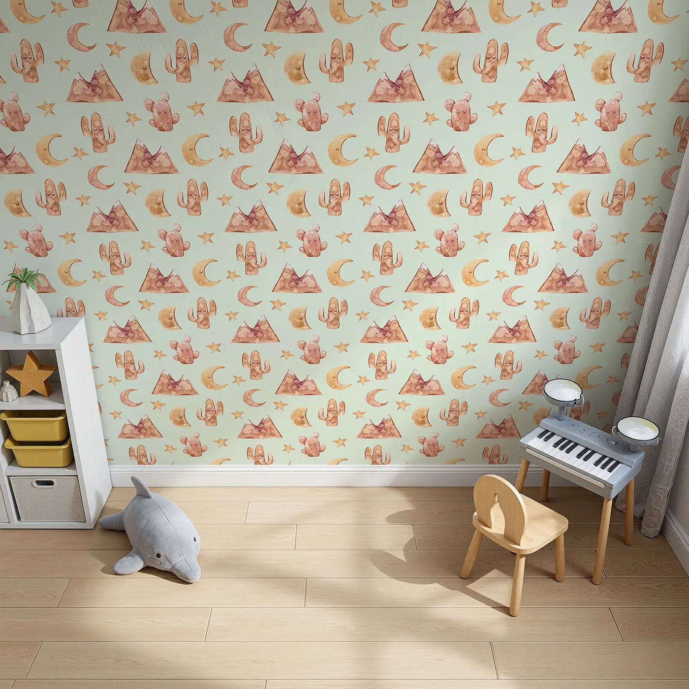 Top-Down view of Whimsy Tots' Desert Moon Dreams Wallpaper in Mint Green (W3385D).Mountains, moons, and sleepy cacti drift gently across a mint-green sky.