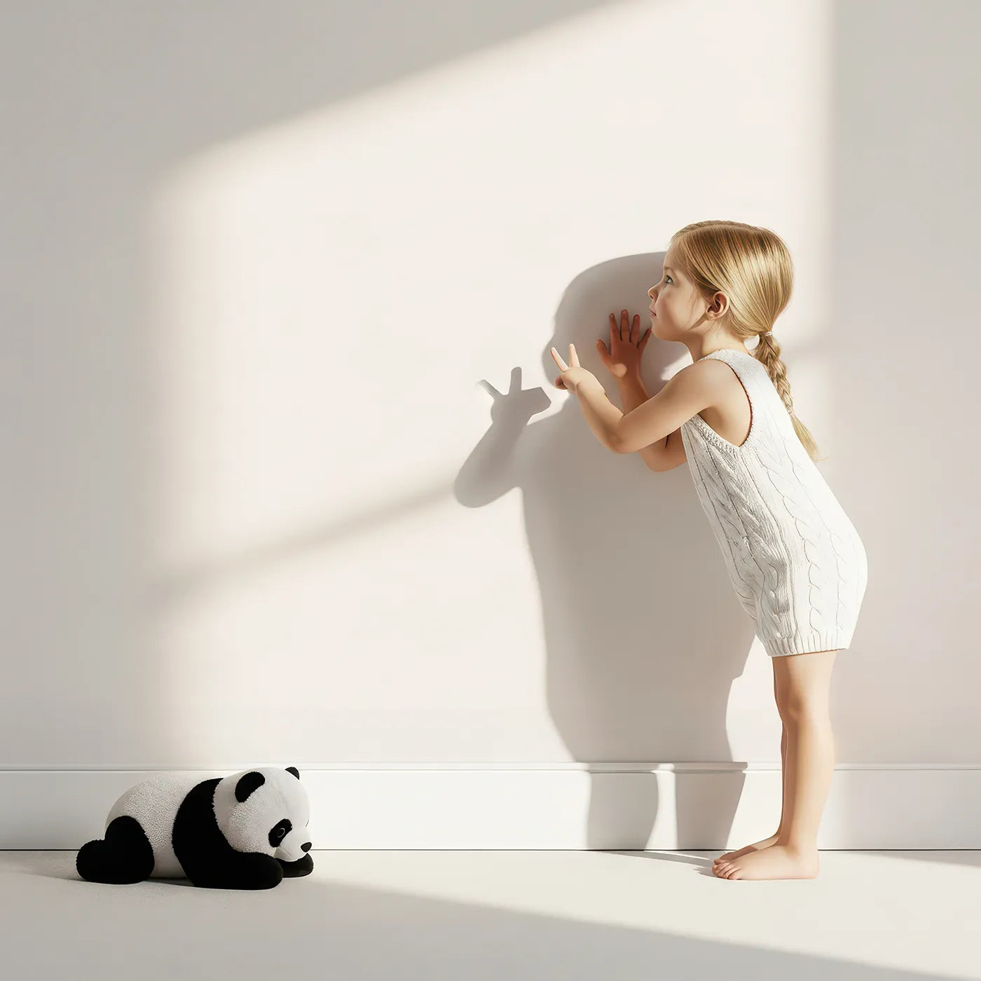 Lovely child standing in front of Whimsy Tots Curious Critter Village Wallpaper in White with house, jar, cup, tree, cat, ladder, tower in design.