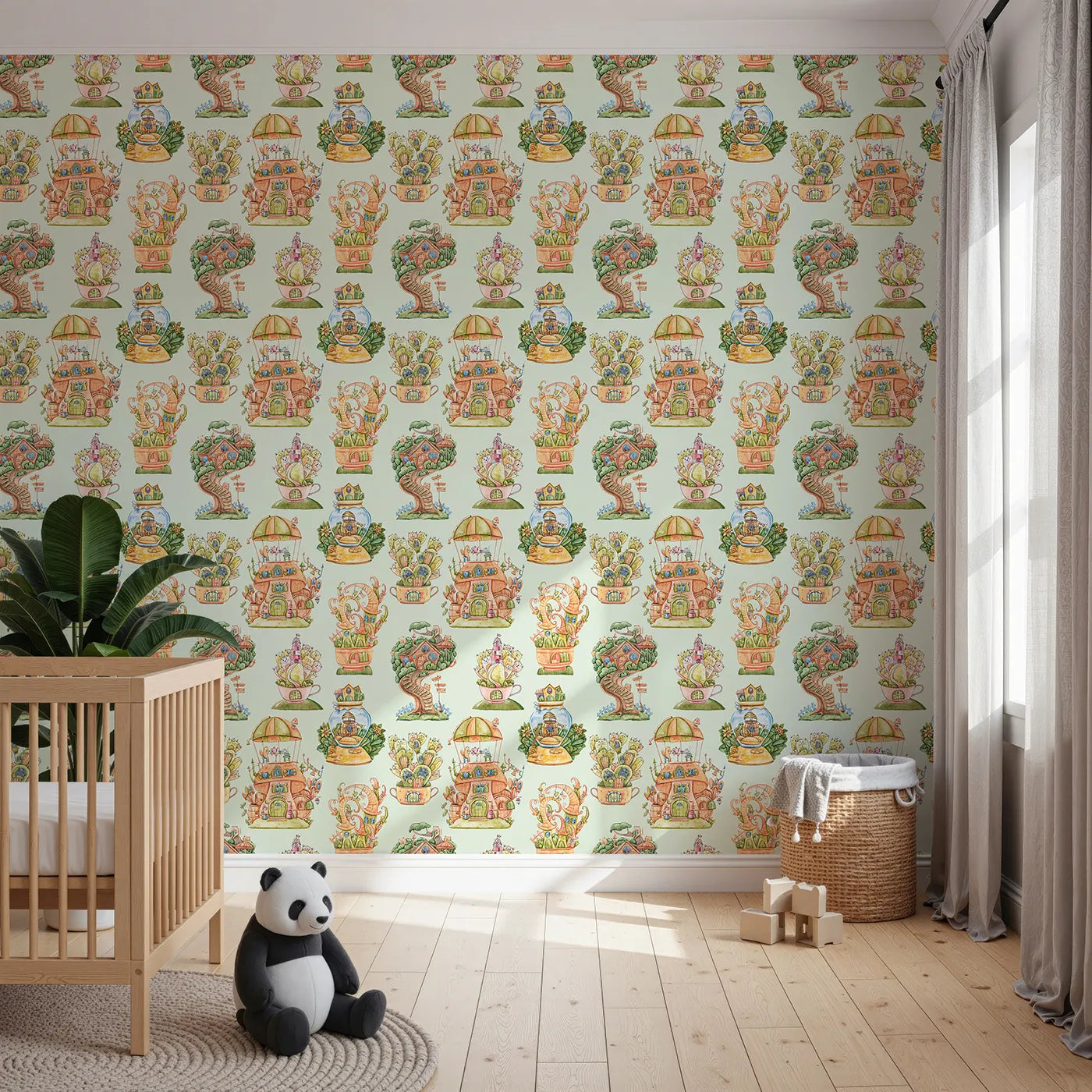 Front view of Whimsy Tots' Curious Critter Village Wallpaper in Green