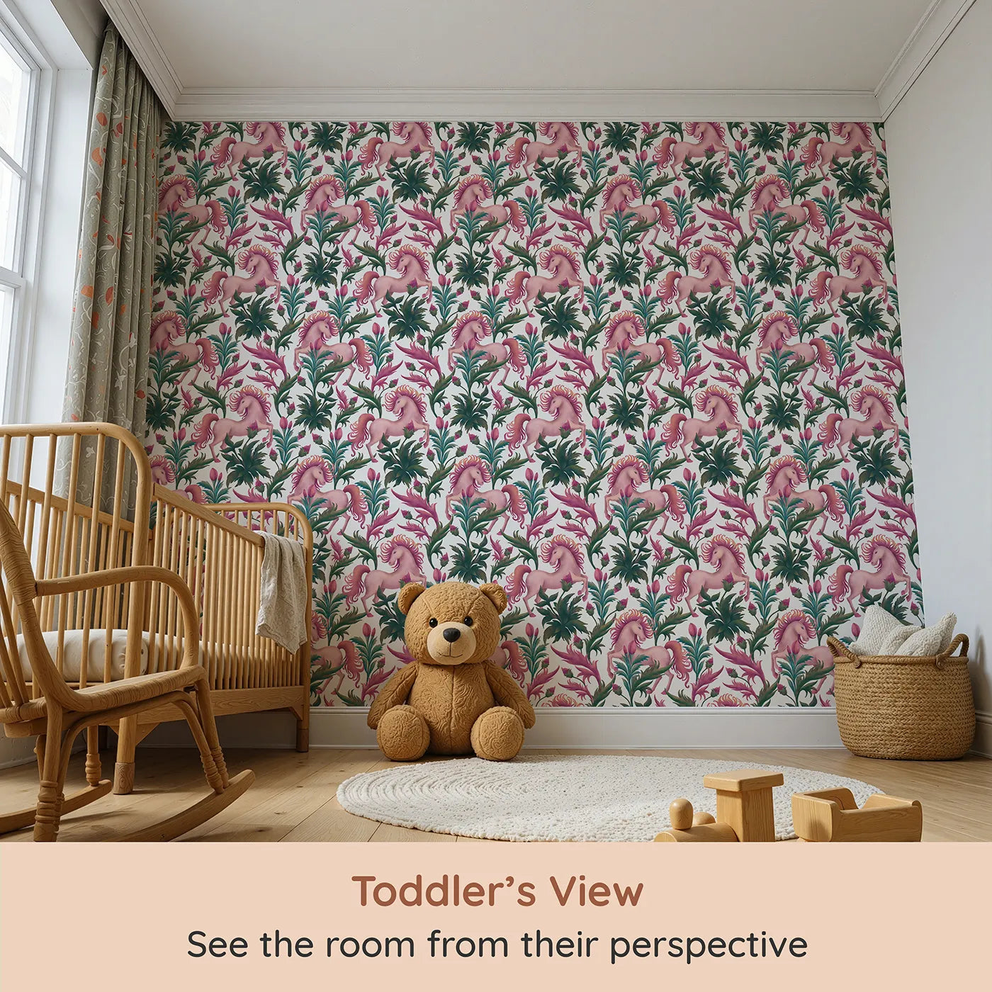 Whimsy Tots Enchanted Meadow Prance Wallpaper in White (W3389A) from your child's view.Graceful unicorns and blooming florals swirl across a crisp white sky.