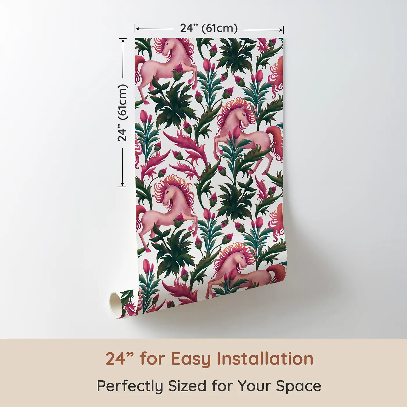 Dimension view of Whimsy Tots Enchanted Meadow Prance Wallpaper in White (W3389A). Printed in 24-inch-wide panel for easy installation. Graceful unicorns and blooming florals swirl across a crisp white sky.