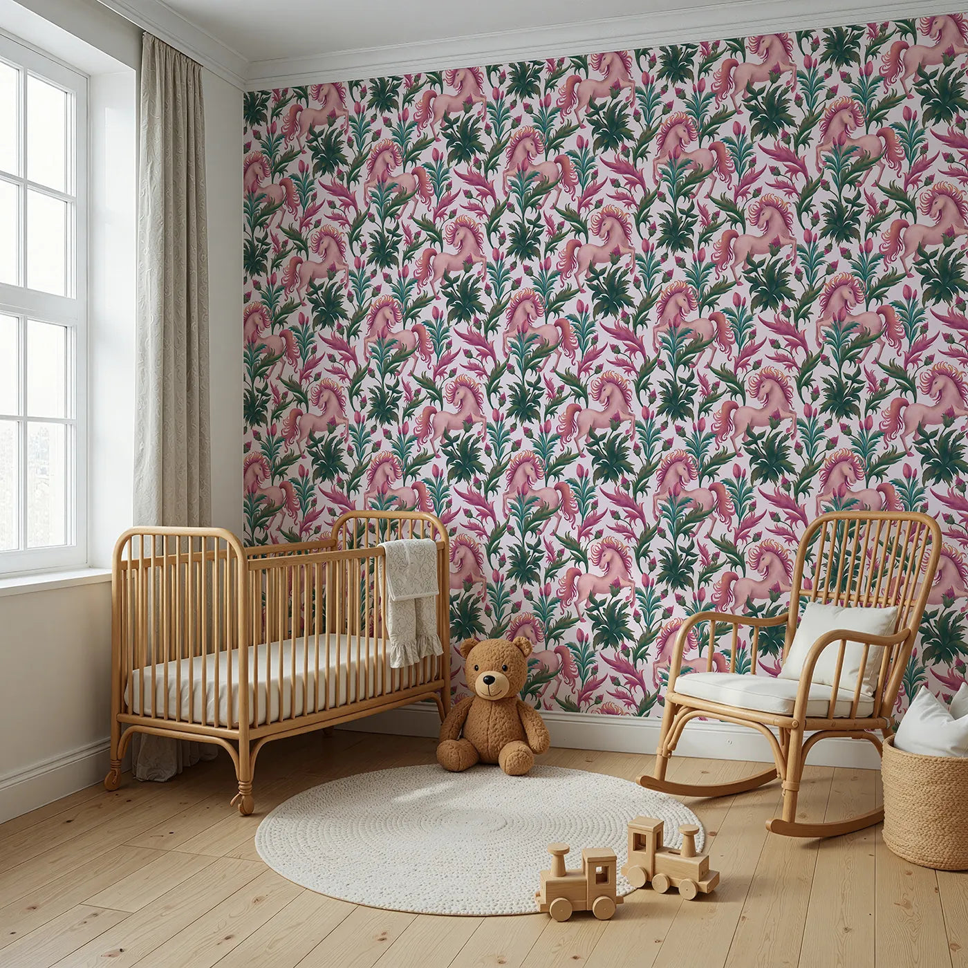 Angled view of Whimsy Tots' Enchanted Meadow Prance Wallpaper in Blush Pink (W3389B).Pink skies and prancing unicorns turn every wall into a floral fantasy.