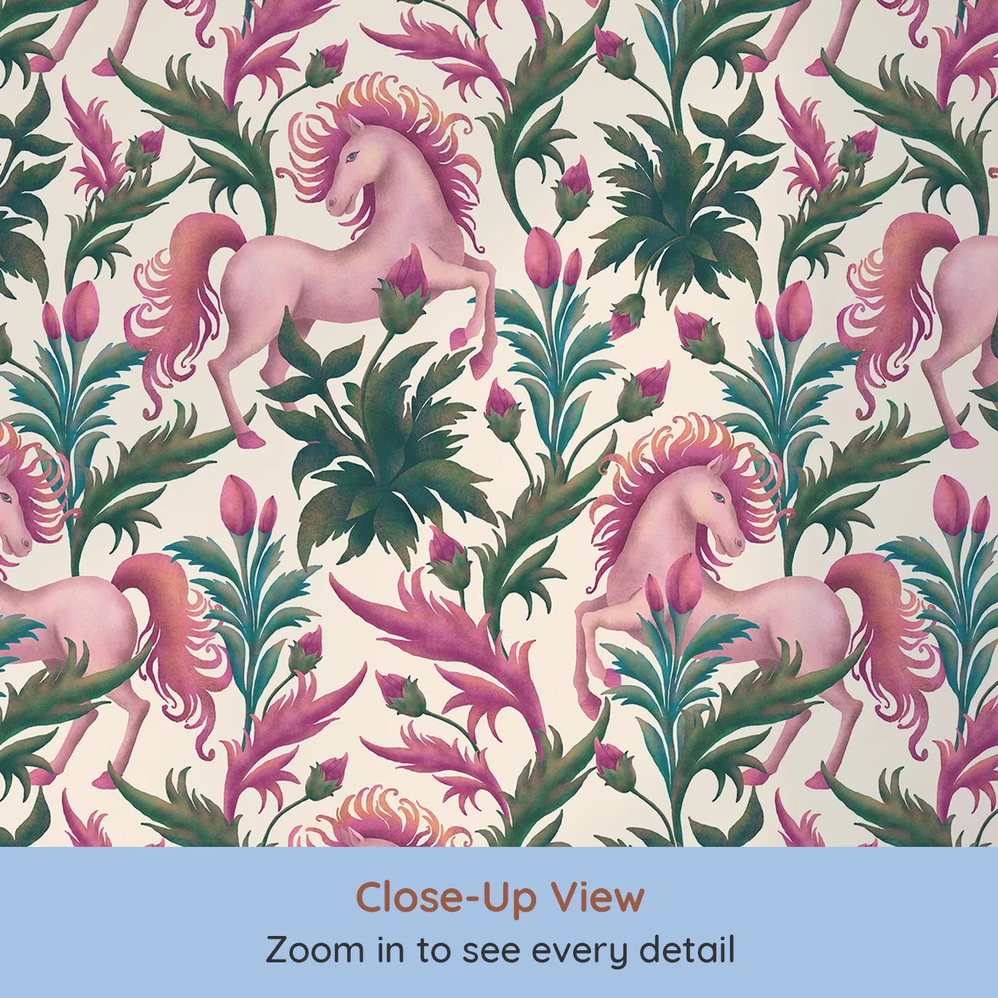 Close-up view of Whimsy Tots' Enchanted Meadow Prance Wallpaper in Beige (W3389C).Prancing unicorns bloom between berry florals and leafy greens on a cozy beige sky.