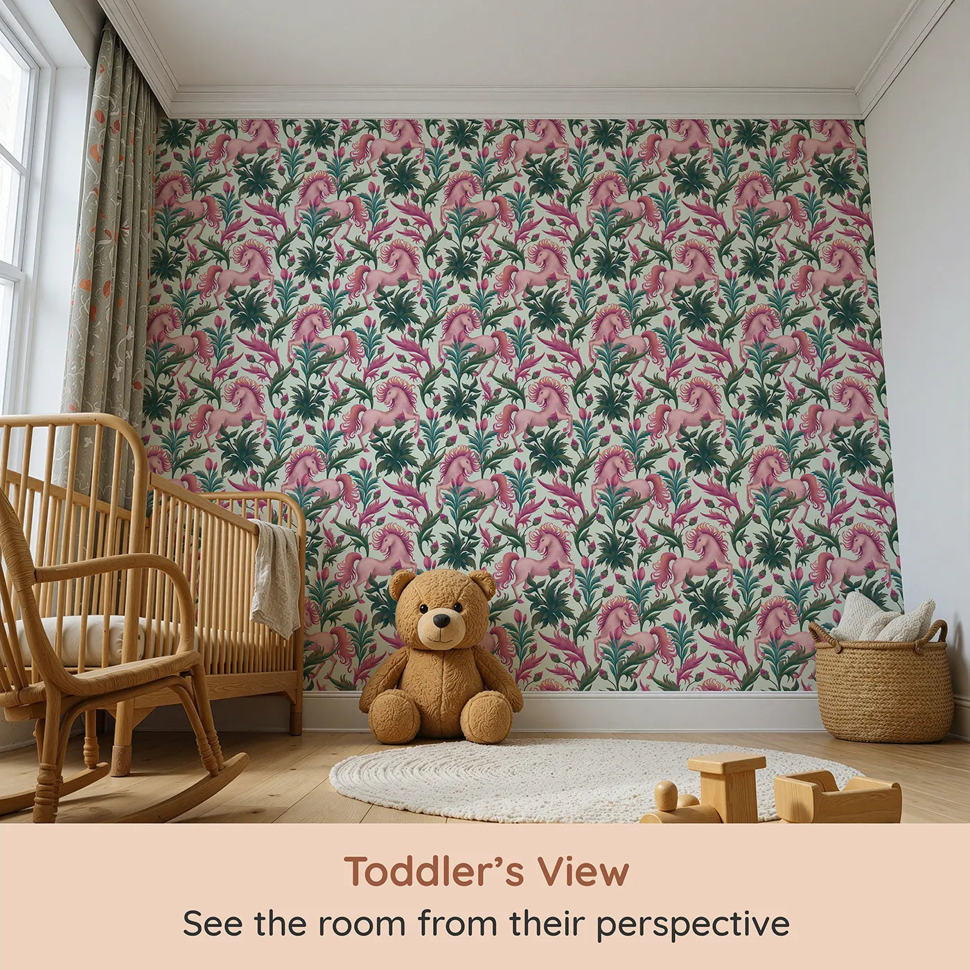 Whimsy Tots Enchanted Meadow Prance Wallpaper in Mint Green (W3389D) from your child's view.Pink unicorns leap through tulips and greenery on a soft mint sky.