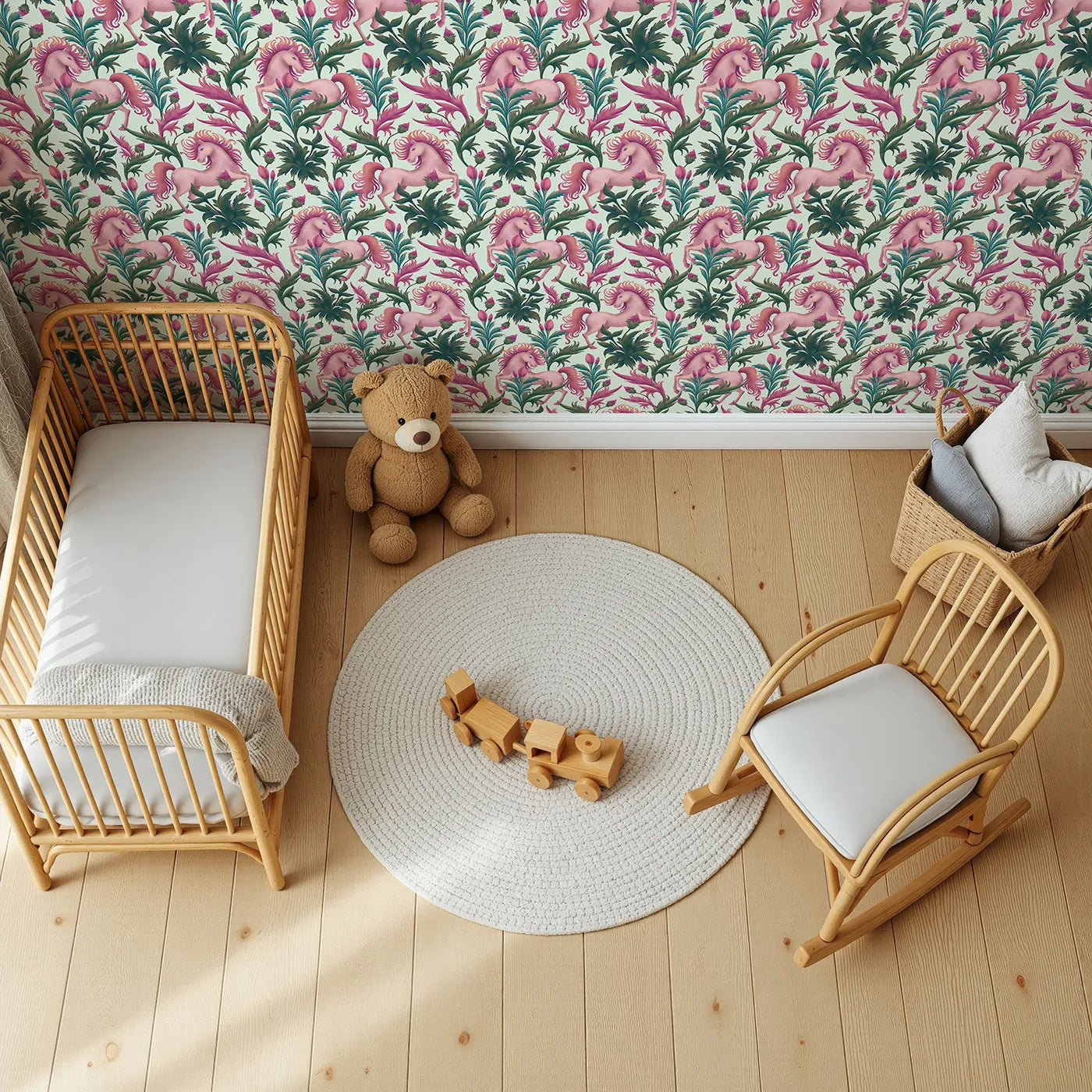 Top-Down view of Whimsy Tots' Enchanted Meadow Prance Wallpaper in Mint Green (W3389D).Pink unicorns leap through tulips and greenery on a soft mint sky.