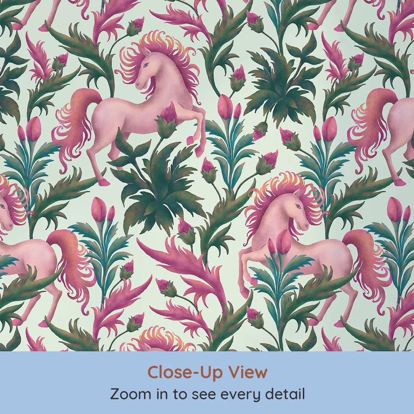 Close-up view of Whimsy Tots' Enchanted Meadow Prance Wallpaper in Mint Green (W3389D).Pink unicorns leap through tulips and greenery on a soft mint sky.