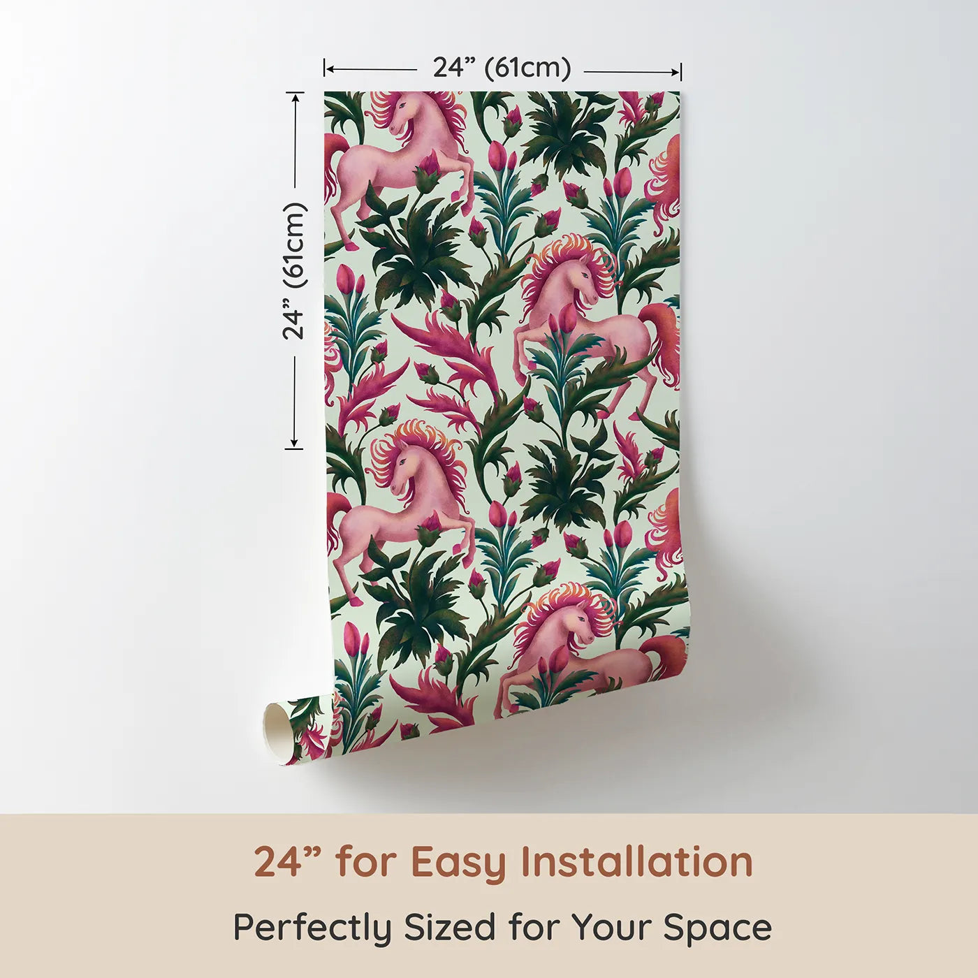 Dimension view of Whimsy Tots Enchanted Meadow Prance Wallpaper in Mint Green (W3389D). Printed in 24-inch-wide panel for easy installation. Pink unicorns leap through tulips and greenery on a soft mint sky.