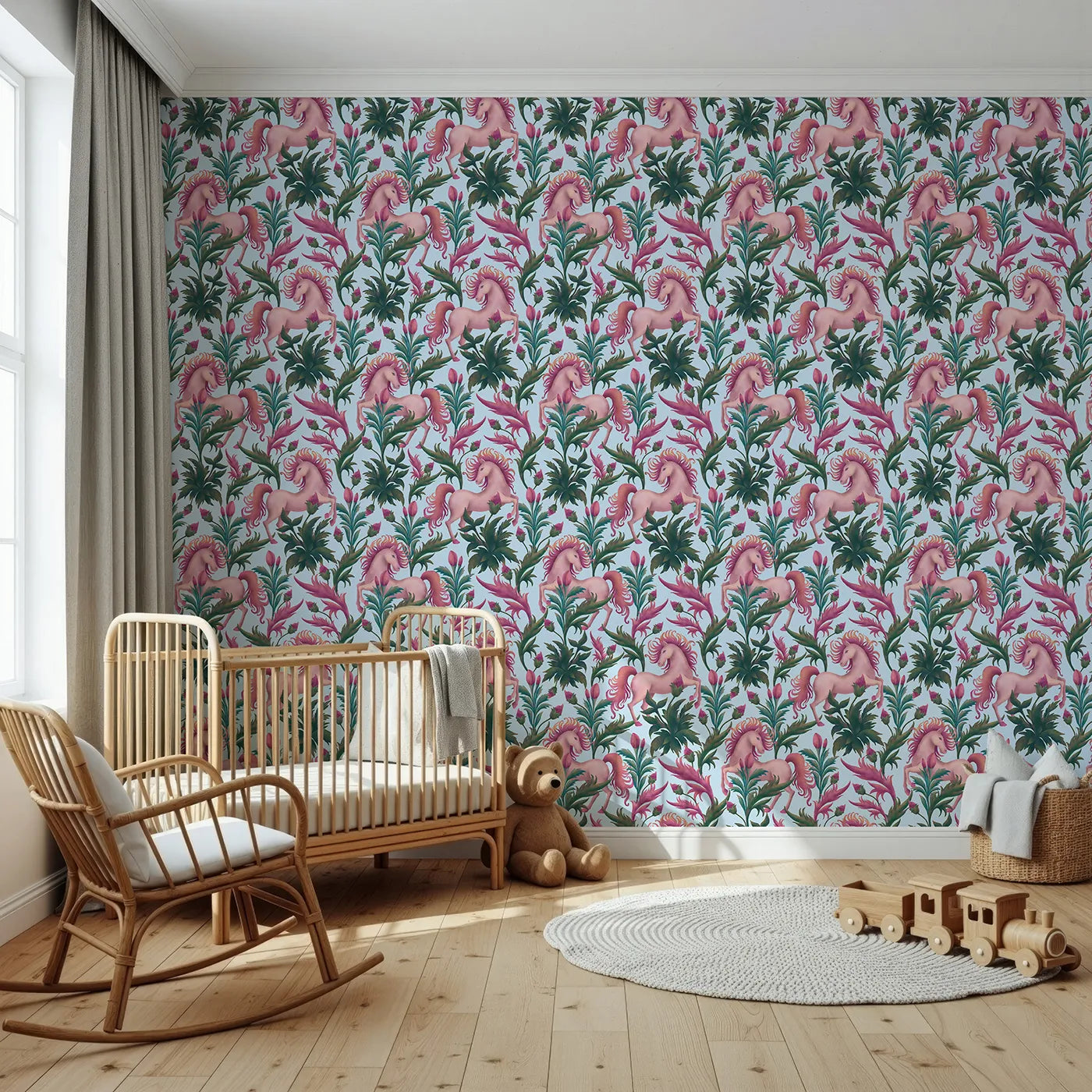 Front view of Whimsy Tots' Enchanted Meadow Prance Wallpaper in Blue