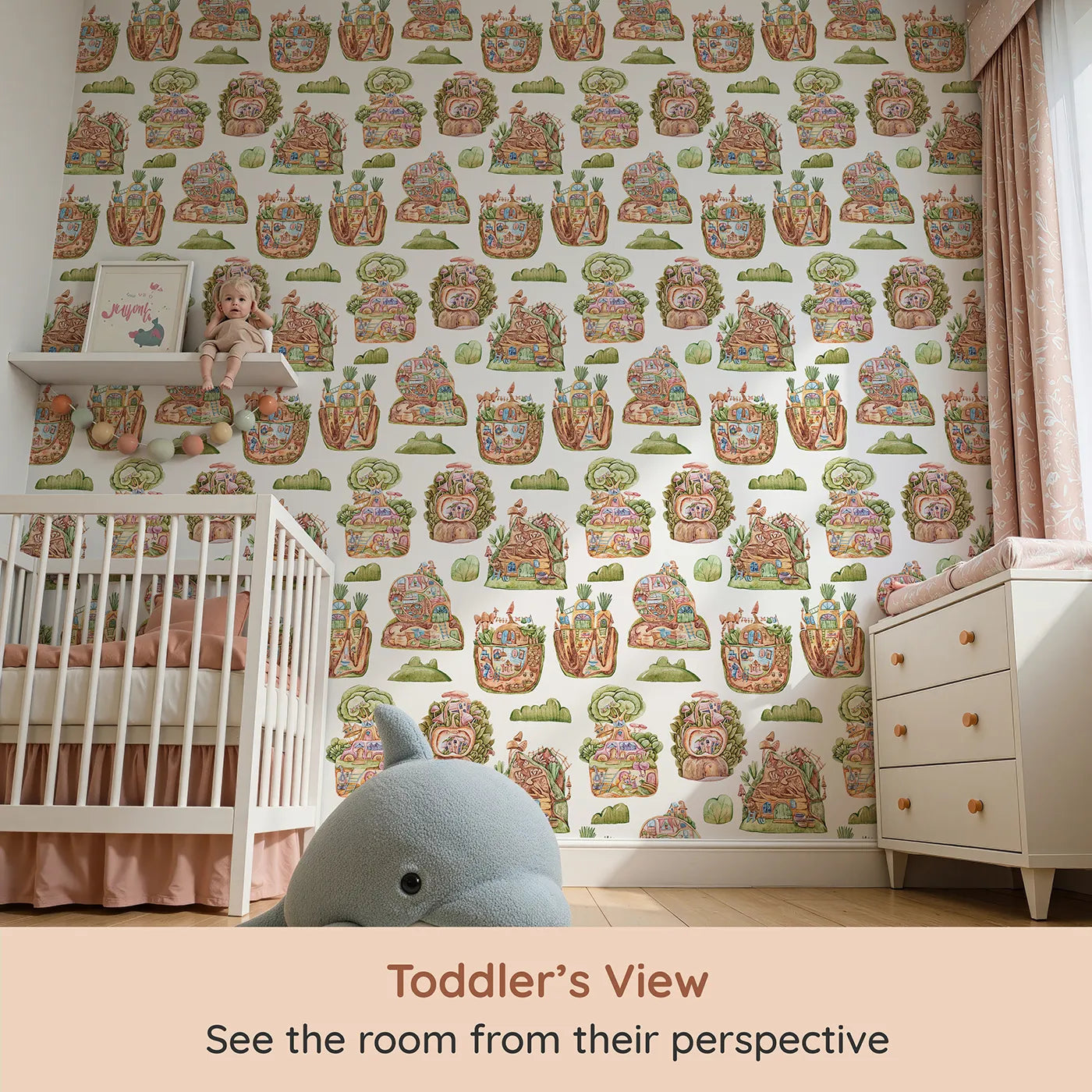 Whimsy Tots Secret Garden Cutaway Homes Wallpaper in White (W3390A) from your child's view.Underground homes, treehouses, and cozy critter cottages bloom across a white sky.