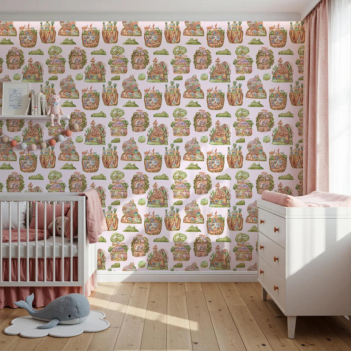 Front view of Whimsy Tots' Secret Garden Cutaway Homes Wallpaper in Blush Pink