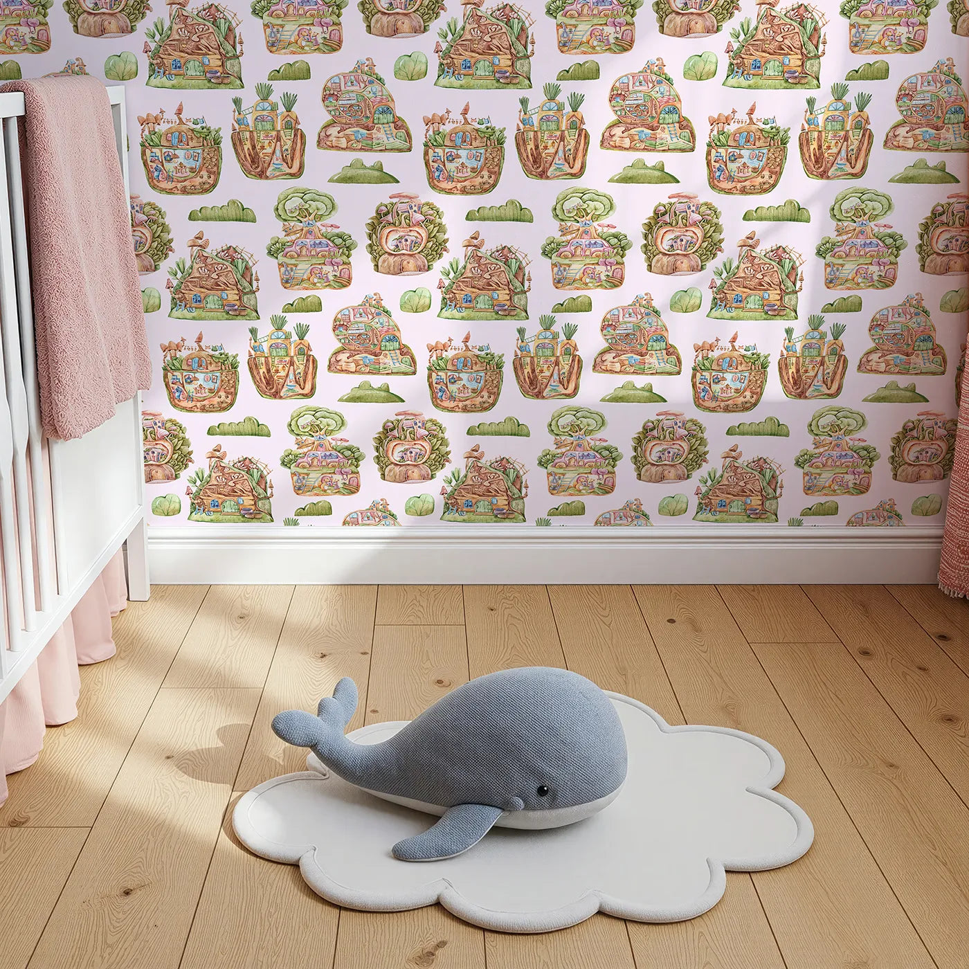 Top-Down view of Whimsy Tots' Secret Garden Cutaway Homes Wallpaper in Blush Pink (W3390B).Mushroom roofs, tree roots, and cozy critter homes bloom across a blush pink sky.