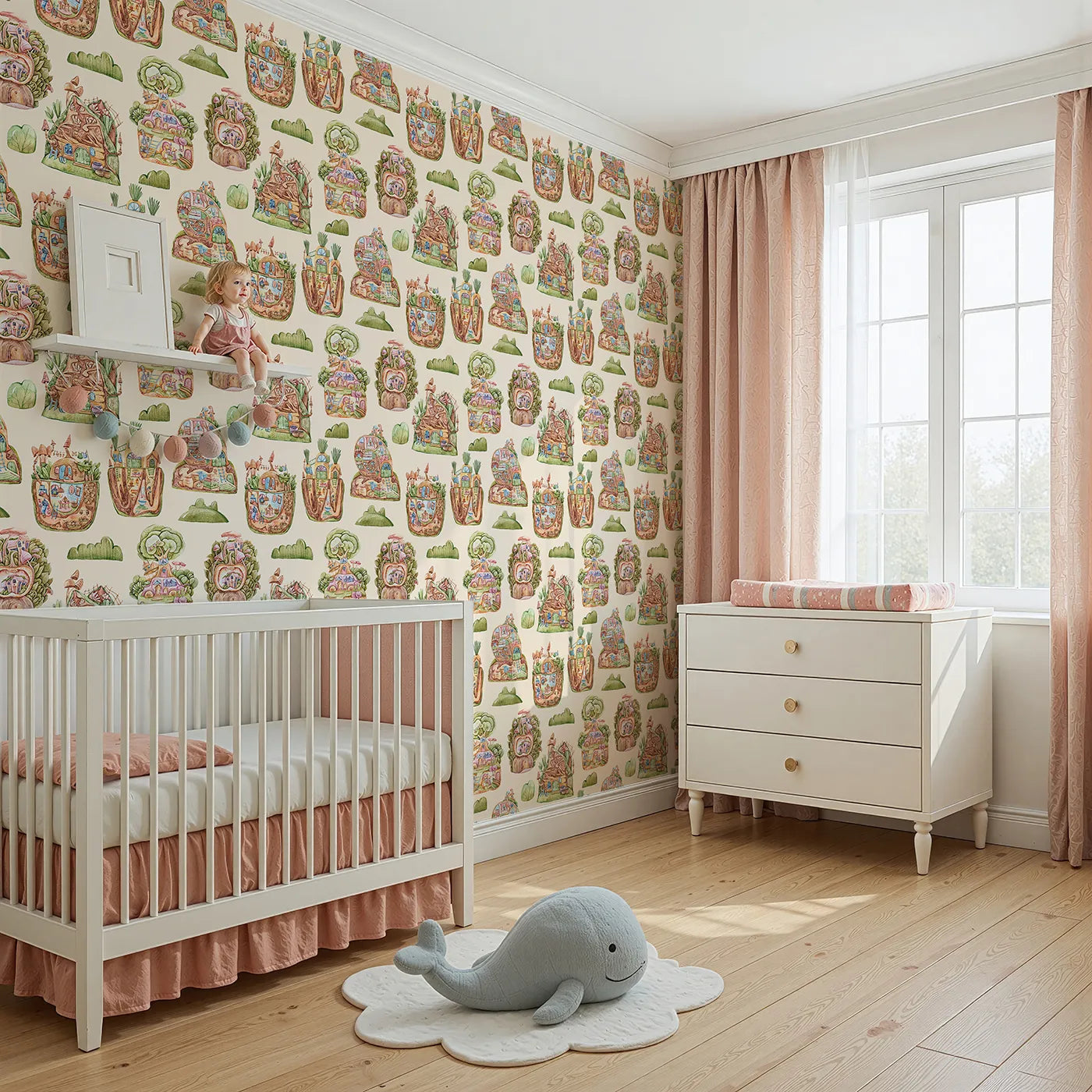 Angled view of Whimsy Tots' Secret Garden Cutaway Homes Wallpaper in Sand (W3390D).Soft sand skies cradle cozy root homes, veggie huts, and mushroom cottages.