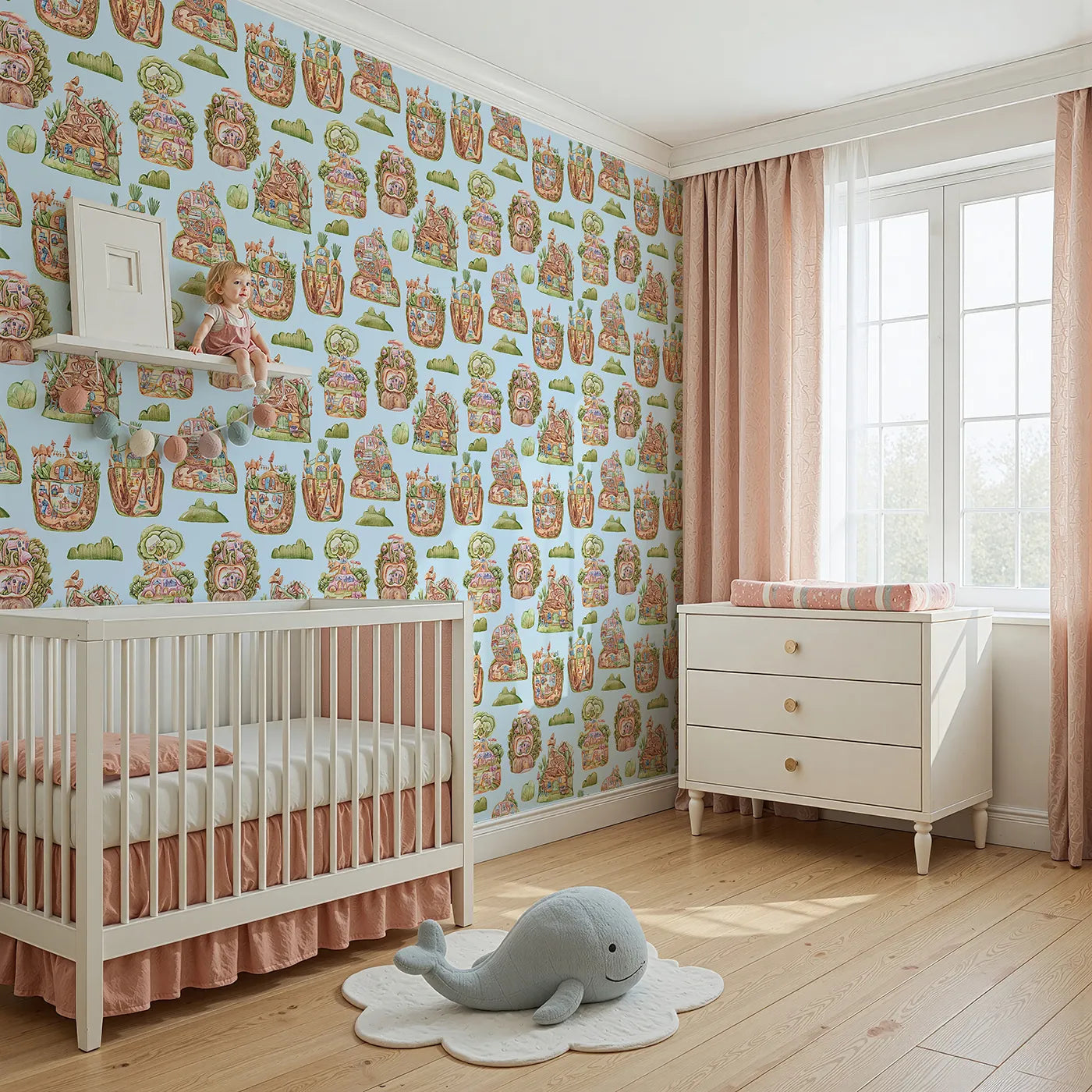 Angled view of Whimsy Tots' Secret Garden Cutaway Homes Wallpaper in Sky Blue (W3390E).Treehouse homes and underground hideaways bloom under a cheerful blue sky.