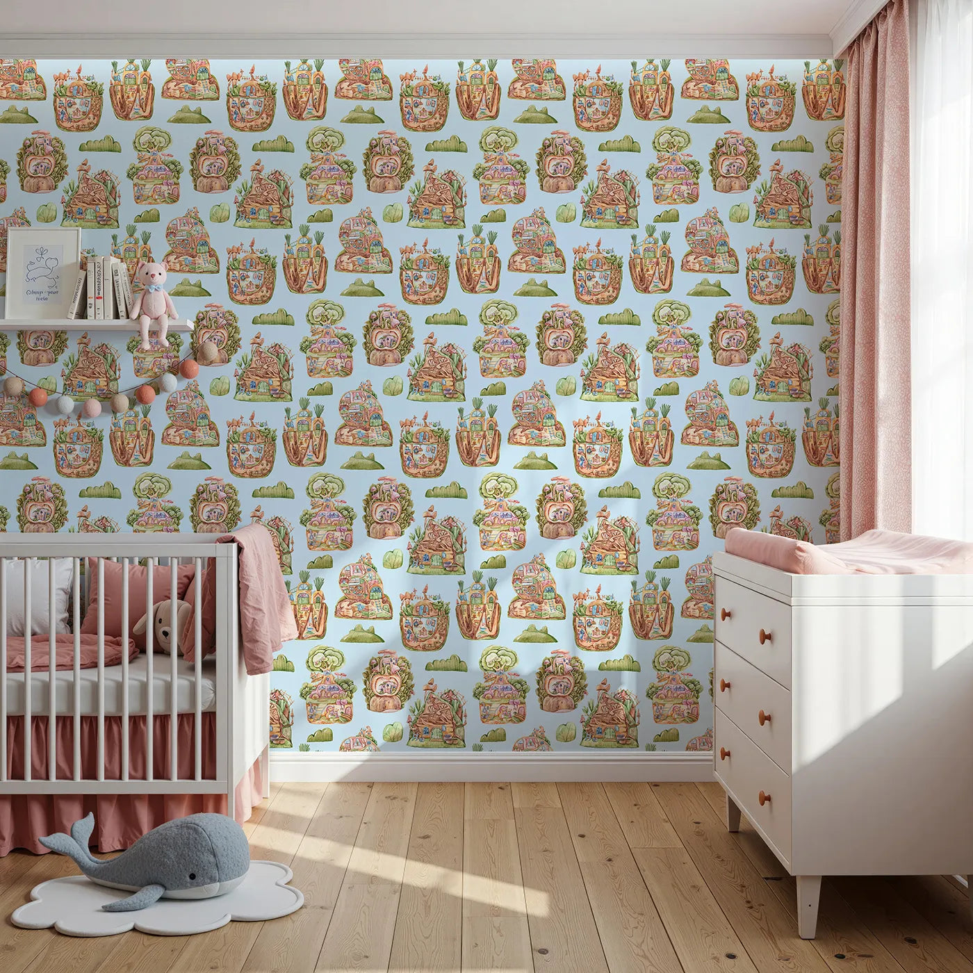 Front view of Whimsy Tots' Secret Garden Cutaway Homes Wallpaper in Sky Blue
