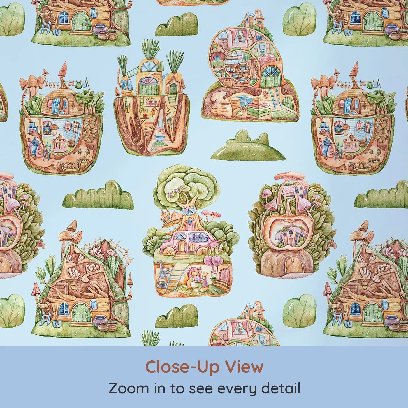 Close-up view of Whimsy Tots' Secret Garden Cutaway Homes Wallpaper in Sky Blue (W3390E).Treehouse homes and underground hideaways bloom under a cheerful blue sky.