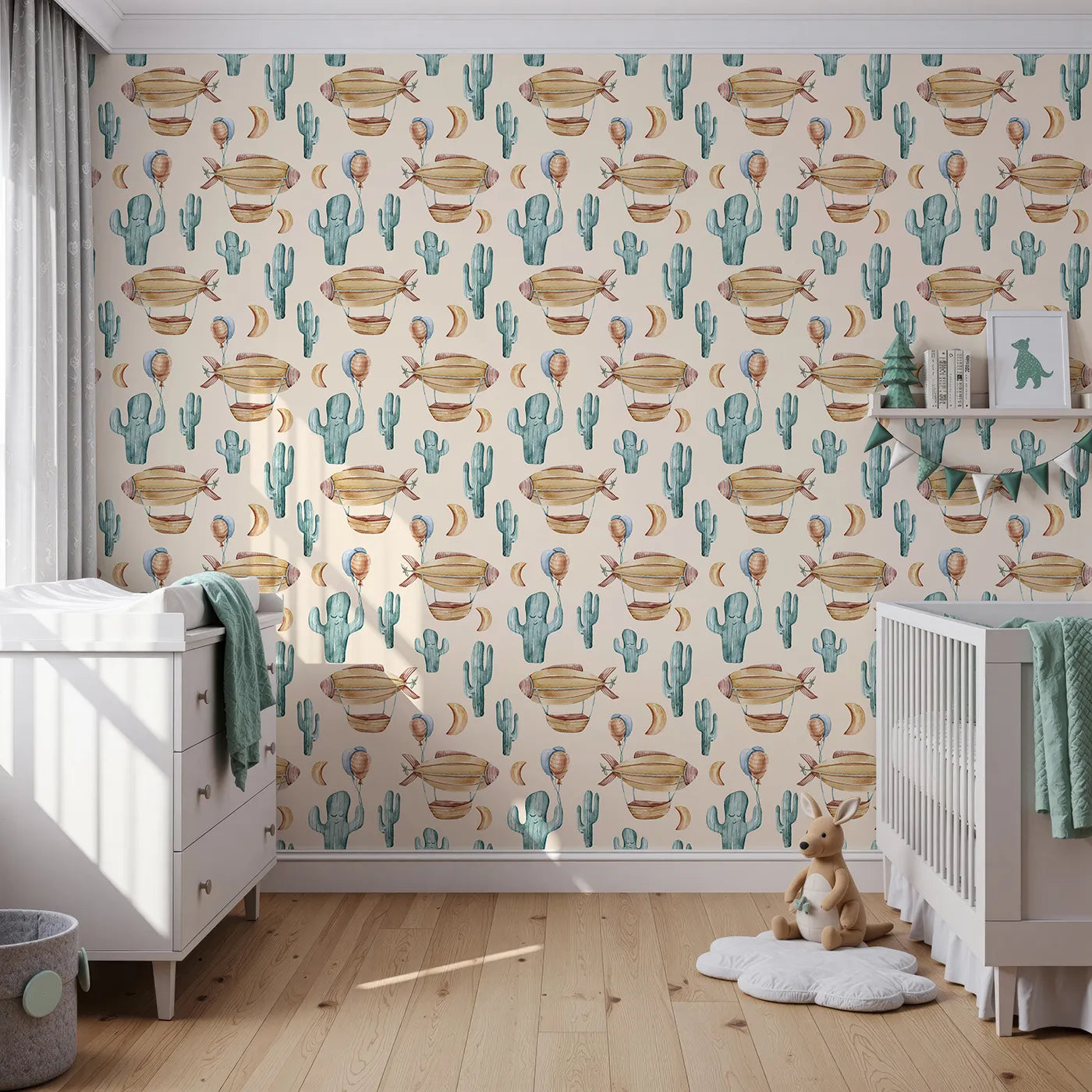 Front view of Whimsy Tots' Cactus Cloud Voyage Wallpaper in Sand