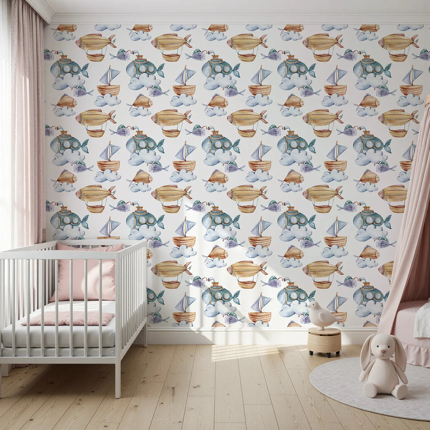 Front view of Whimsy Tots' Skybound Explorers Wallpaper in White