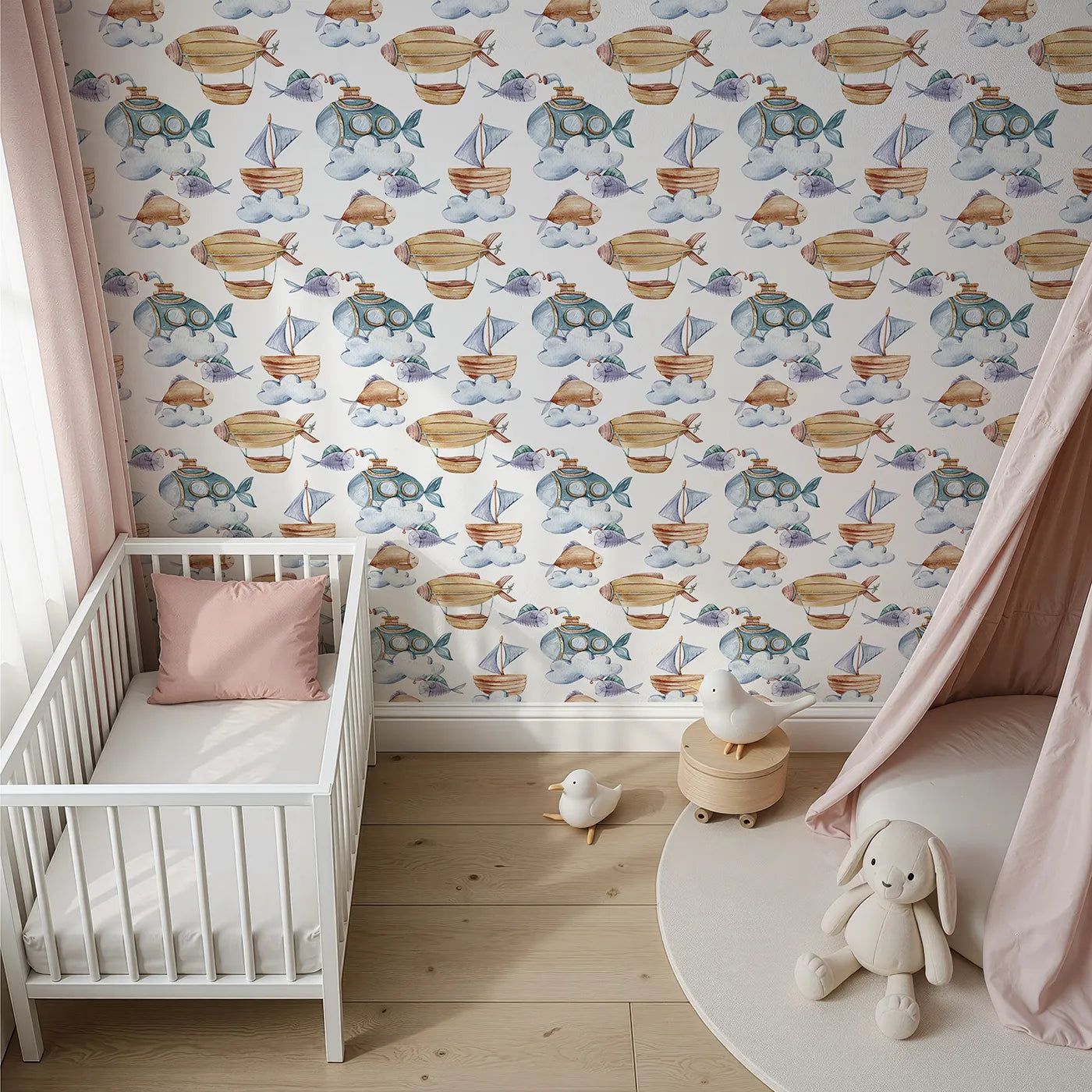 Top-Down view of Whimsy Tots' Skybound Explorers Wallpaper in White (W3394A).Hot airships, submarines, and smiling fish drift playfully across a cloud-filled sky.
