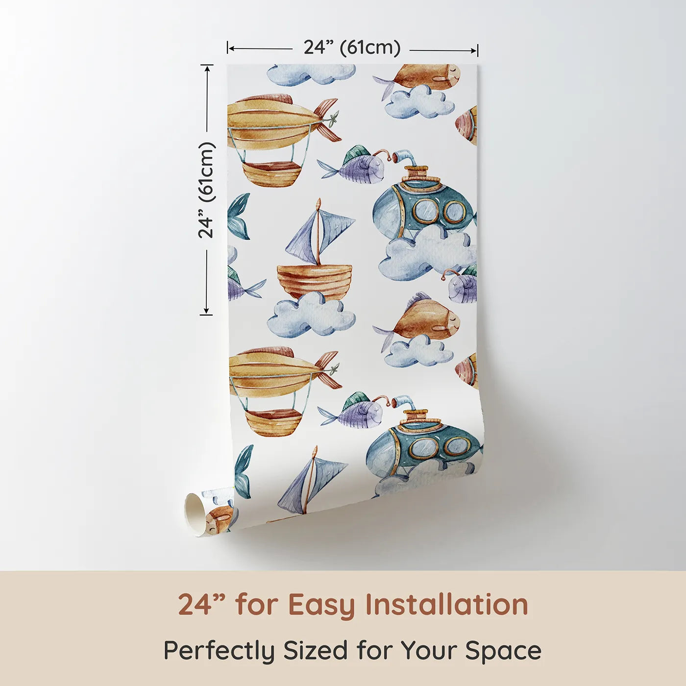 Dimension view of Whimsy Tots Skybound Explorers Wallpaper in White (W3394A). Printed in 24-inch-wide panel for easy installation. Hot airships, submarines, and smiling fish drift playfully across a cloud-filled sky.