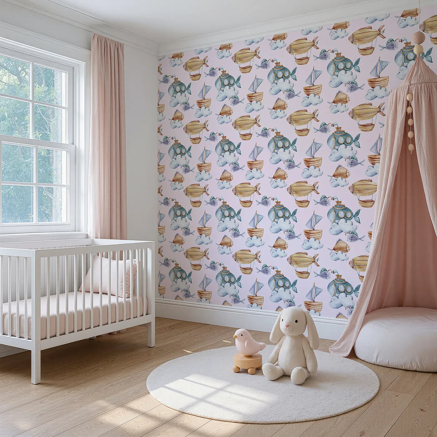 Angled view of Whimsy Tots' Skybound Explorers Wallpaper in Blush Pink (W3394B).Blushing clouds carry submarines, sailing boats, and cheerful fish through the sky.